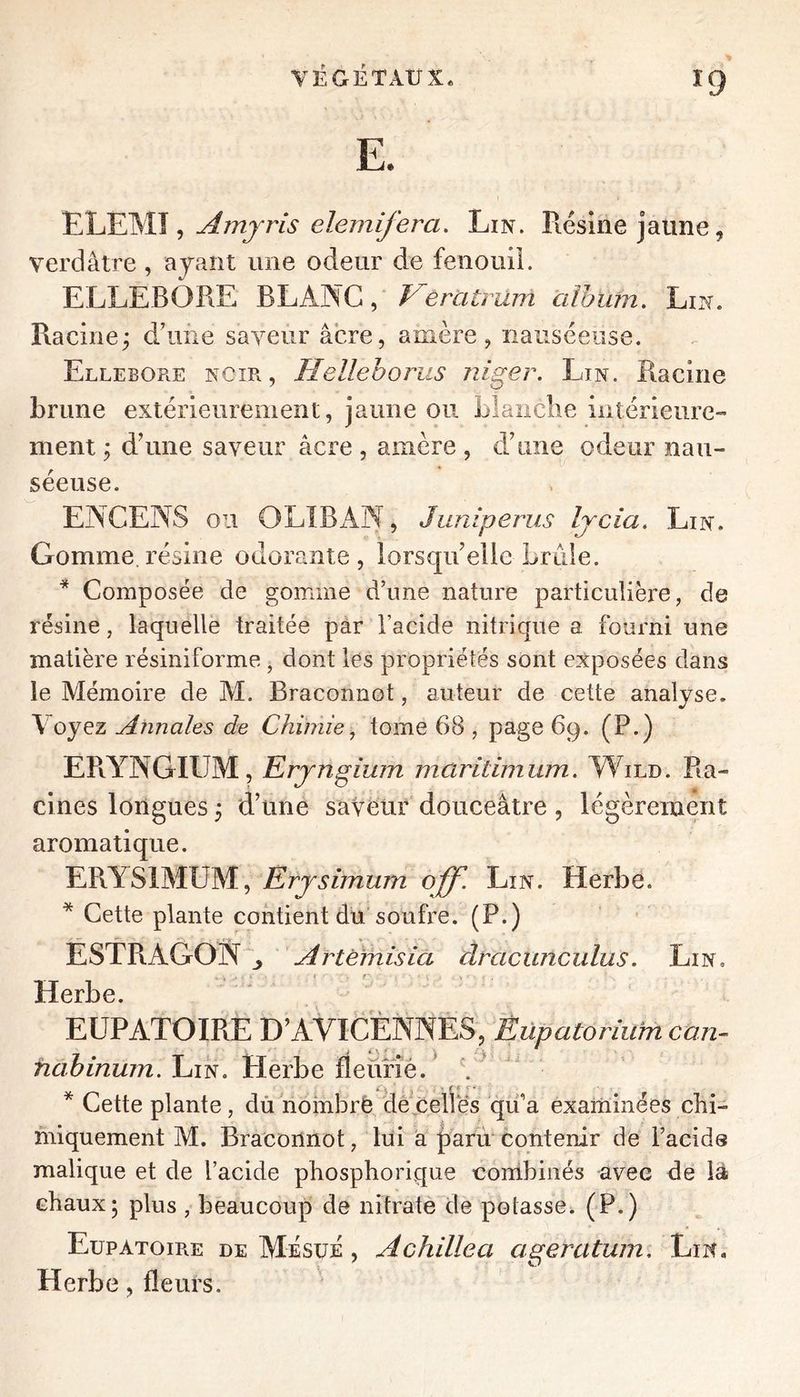 î9 ^ Amjris elemifera. Lin. Résine jaune, verdâtre, ayant une odeur de fenouil. ELLEBORE BLANC, Veratrum album. Lin. Racine; dJime saveur âcre, amère, nauséeuse. Ellébore noir, Hellehoriis niger. Lin. Racine brune extérieurement, jaune ou blanclie intérieure- ment ; d\me saveur âcre , amère , d.\me odeur nau- séeuse. ENCENS ou OLIBAN, Jun iperus Ijcia. Lin. Gomme.résine odorante, lorsqu’elle brûle. ^ Composée de gomme d’une nature particulière, de résine, laquelle traitée par l’acide nitrique a fourni une matière résiniforme, dont les propriétés sont exposées dans le Mémoire de M. Braconnot, auteur de cette analyse. Voyez Annales de Chimie, tome 68 , page 69. (P.) ERYNGIUM, Erjngium maritimum. Wild. Ra- cines longues ; d’une saveur douceâtre , légèrement aromatique. EPvYSlMUM, Erjsimum off. Lin. Herbe. * Cette plante contient du soufre. (P.) ÈSTRAÔON y Artemisia dracunculus. Lin, 1 f . , Herbe. EÜPATOIRE D’AVICÈNNES, Êùpatorium can^ Lin, Herbe fieûrîe. *  i \ ■ f. < ' Cette plante, dû nombrê denelles qii’a examinées chi- miquement M. Braconnot, lui a jiaru contenir de Facids malique et de l’acide phosphorique conibinés avec de là chaux; plus, beaucoup de nitrate de potasse. (P.) Eupatoire de Mésüe , Achillea agératum. Lin. Herbe, fleurs.