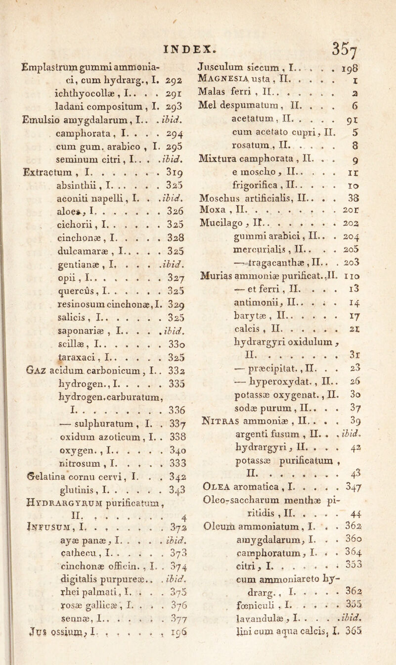 Emplastrum gummi ammonia- ci, cum hydrarg., I. 292 ichthyocollæ , I.. . . 291 ladani compositum , I. 293 Emulsio amygdalarum, I.. . ìbìd. camphorata, I. . . . 294 cum gum. arabico , I. 296 seminum citri, I.. . . ilid. Ex tractum ,1 319 absintbii, 1 325 aconiti napelli, I. . .ibid. aloe»-, 1 326 cichorii, 1 325 cinclionæ , 1 328 dulcamaræ , 1 325 gentianæ , I, . . . .ibid. opii, 1 327 cpiercus, 1 325 resinosumcinchon®,I. 329 salicis , 1 325 saponari® , I.. . . . ibid. scili® , 1 33o taraxaci , I . 325 Gaz acidum carbonicum , I,. 332 hydrogen.,1 335 hydrogen. carbura tum, l 336 •— sulphuratum ,1. .337 oxidum azodcum, I. . 338 oxygen. , 1 340 nitrosum ,1. . , . .333 Gelatina cornu cervi, I. . . 342 glutinis , 1 348 Hydrargyrum purificatimi, IL . 4 Infusum,I. . 372 ayæ pan®, I ibid, çatheou , 1 373 cinchon® officia. , I. . 874 digitalis purpure®.. . ibid. yhei palmati, I. . . . 070 rosæ gallic®, I. . . . 876 sennæ, 1 877 Jusculum siecum , L. . . . 198 Magnesia usta , II z Malas ferri , II % Mei despumatum, II. . . . 6 acetatum,II 91 cum acetato cupri, II. 5 rosatum , II..... . 8 Mixtura camphorata , II. . . 9 e inoscho , II ir frigorifìca , II io Moschus artificiali, II.. . . 38 Moxa , II. . 2or Mucilago ,11 202 gummi arabici , II.. . 204 mercuriali , II.. . . 2o5 — tragacanth® , II.. . 208 Murias ammoni® purificat.,II. 1 io —- et ferri ,11. ... i3 antimoni!, II.. ... 14 barytæ , II 17 calci , II 2t hydrargyri oxidulum , II 3r — præcipitat., II. . . 28 •— hyperoxydat., II.. 26 potassæ oxygénât., II. 3o sod® purum , II.. . . 3y Nitras ammoni® , II. . . . 39 argenti fusum , II. . , ibid. hydrargyri, II. . . . 42 potassæ purificatum , II. ....... 48 Olea aromatica , 1 847 Oleo-saccharum menth® pi- riddi , II 44 Oleum ammoniatum ,1. . . 362 amygdalarum, I. . • 36o çamphoratum, I. * • 304 citri, 1 353 cum ammoniareto hy- drarg. , 1 36a fœniculi , 1 355 lavandulæ , I ibid.