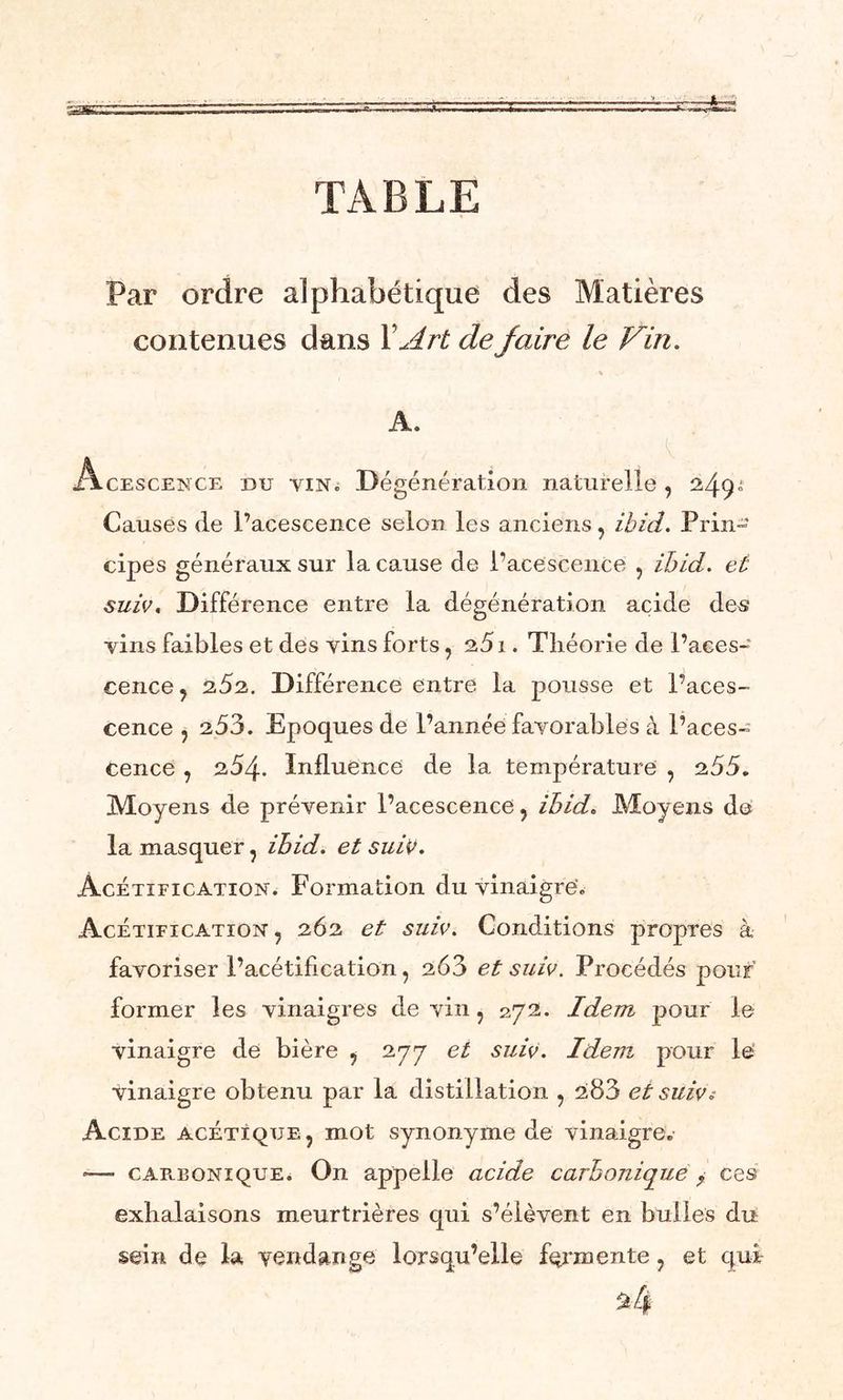 TABLE Par ordre alphabétique des Matières contenues dans Y Art de faire le Vin. A. .Acescence du vin. Dégénération naturelle , 249» Causes de l’acescence selon les anciens , ibid. Prin- cipes généraux sur la cause de l’acescence , ibid. et suiv. Différence entre la dégénération acide de« vins faibles et des vins forts, 2.51. Théorie de l’aces- cence , 2.52. Différence entre la pousse et l’aces- cence y 253. Epoques de l’année favorables à l’aces- cence , 254. Influence de la température , 255. Moyens de prévenir l’acescence , ibid. Moyens de la masquer , ibid. et suiv. Acétification. Formation du vinaigre. Acétification, 262 et suiv. Conditions propres à favoriser l’acétification, 263 et suiv. Procédés pouf former les vinaigres devin, 272. Idem pour le vinaigre de bière , 277 et suiv. Idem pour le vinaigre obtenu par la distillation , 283 et suiv s Acide acétique, mot synonyme de vinaigre. -—• carbonique* On appelle acide carbonique , ces exhalaisons meurtrières qui s’élèvent en bulles du sein de la vendange lorsqu’elle fermente, et qui