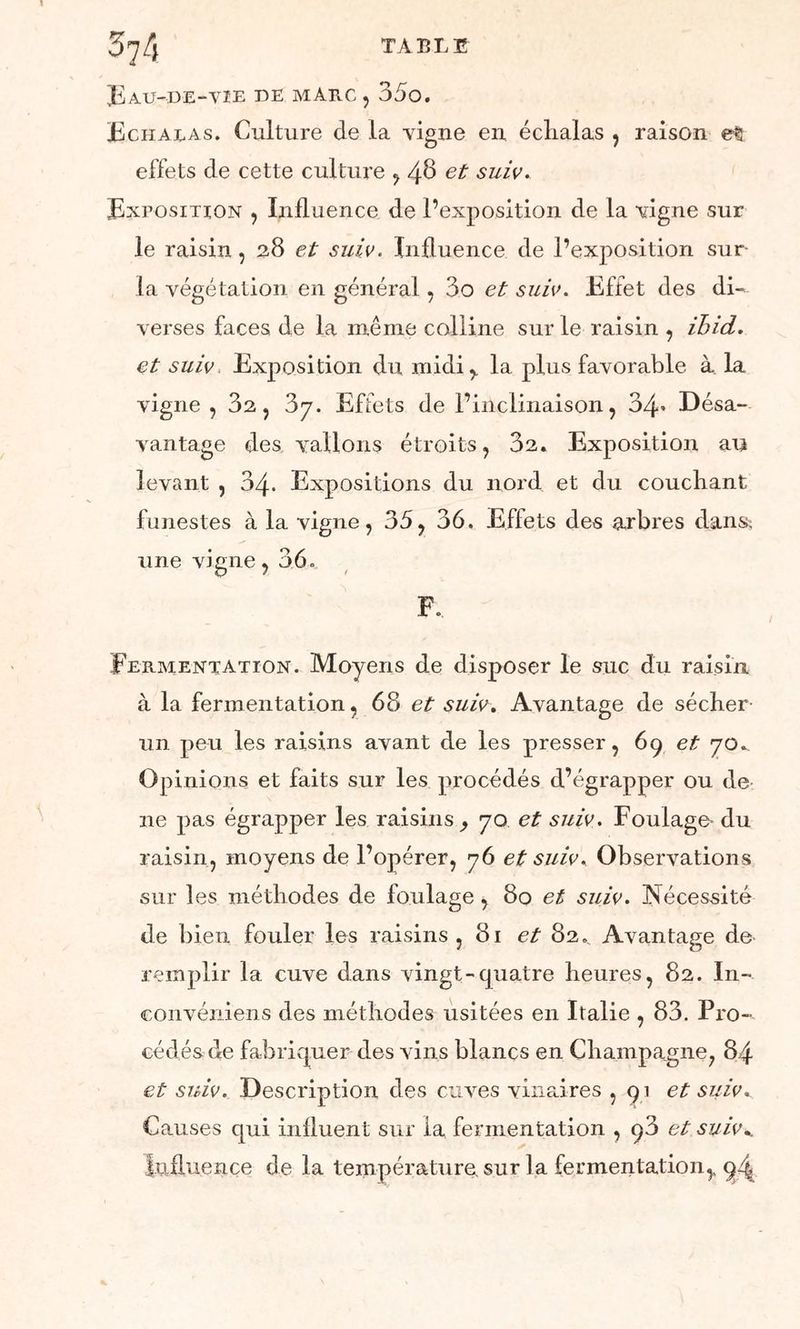 Eau-de-vie de mahc , 35o. Echaeas. Culture de la vigne en éclialas , raison e! effets de cette culture , /$ et suiv. Exposition , Influence de l’exposition de la vigne sur le raisin , 28 et suiv. Influence de l’exposition sur- la végétation en général, 3o et suiv. Effet des di- verses faces de la même colline sur le raisin , ihid. et suiv Exposition du midir la plus favorable à la vigne , 32, 37. Effets de l’inclinaison, 34- Désa- vantage des vallons étroits, 32. Exposition au levant , 34. Expositions du nord et du couchant funestes à la vigne, 35, 36. Effets des arbres dans? une vigne, 36» F.. Fermentation. Moyens de disposer le suc du raisin à la fermentation, 68 et suiv. Avantage de sécher un peu les raisins avant de les presser, 69 et 70. Opinions et faits sur les procédés d’égrapper ou de ne pas égrapper les raisins, 70 et suiv. Foulage- du raisin, moyens de l’opérer, 76 et suiv. Observations sur les méthodes de foulage, 80 et suiv. Nécessité de bien fouler les raisins ,81 et 82. Avantage de remplir la cuve dans vingt-quatre heures, 82. In- convénient des méthodes usitées en Italie , 83. Pro- cédés de fabriquer des vins blancs en Champagne, 84 et suiv. Description des cuves vinaires ,91 et suiv.. Causes qui influent sur la fermentation , q3 et suiv.. Influence de la température sur la fermentation f 9^