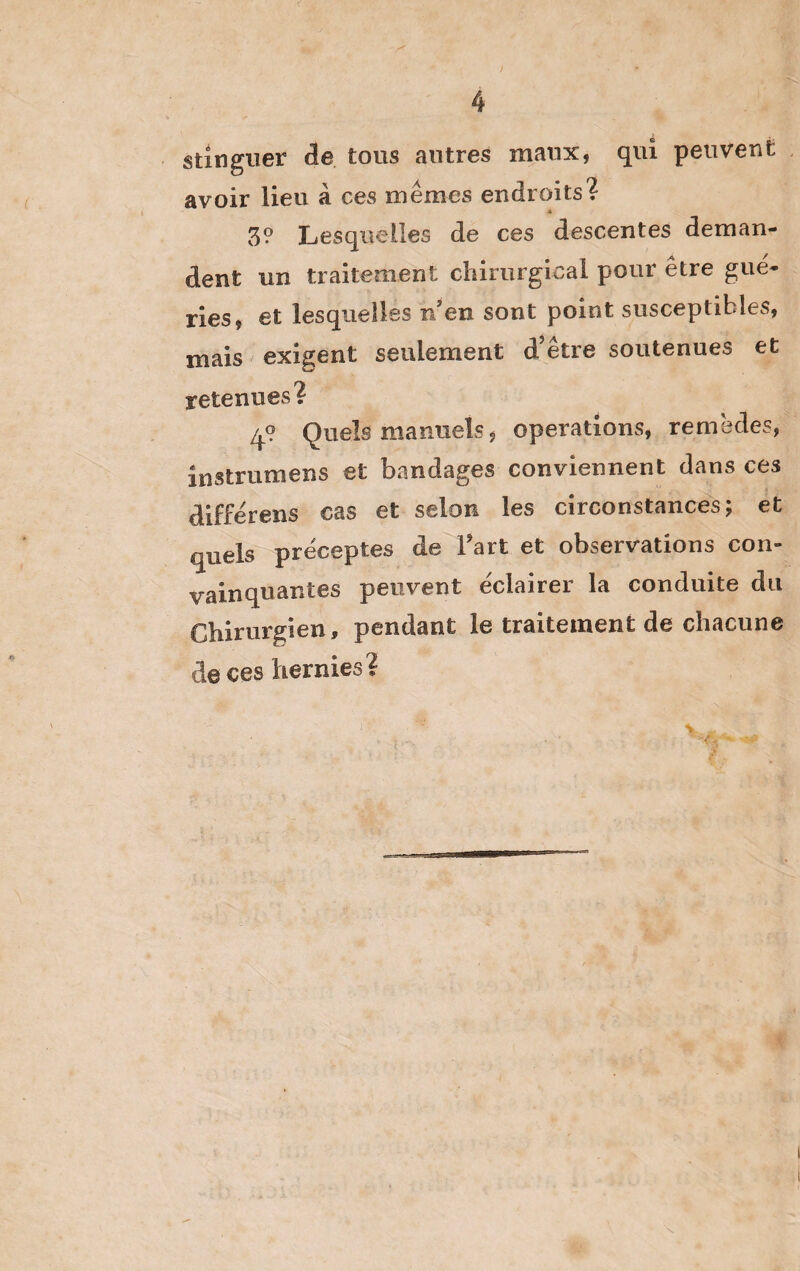 stinguer Je tous autres manx, qui peuvent avoir lieu a ces memes endroits? * 3? Lesquelles de ces descentes dein fin¬ den!: un traitement chirurgical pour etre gue- ries? et lesquelles neu sont point susceptibles, mais exigent seulement d’etre soutenues et retemies? 4? Queis manuels j operatlons, remedes, instrumens et bandages conviennent dans ces differens cas et selon les circonstances; et quels preceptes de Fart et observations con- vainquantes peuvent eclairer la conduite du Chirurgien, pendant le traitement de chacune de ces hernies?