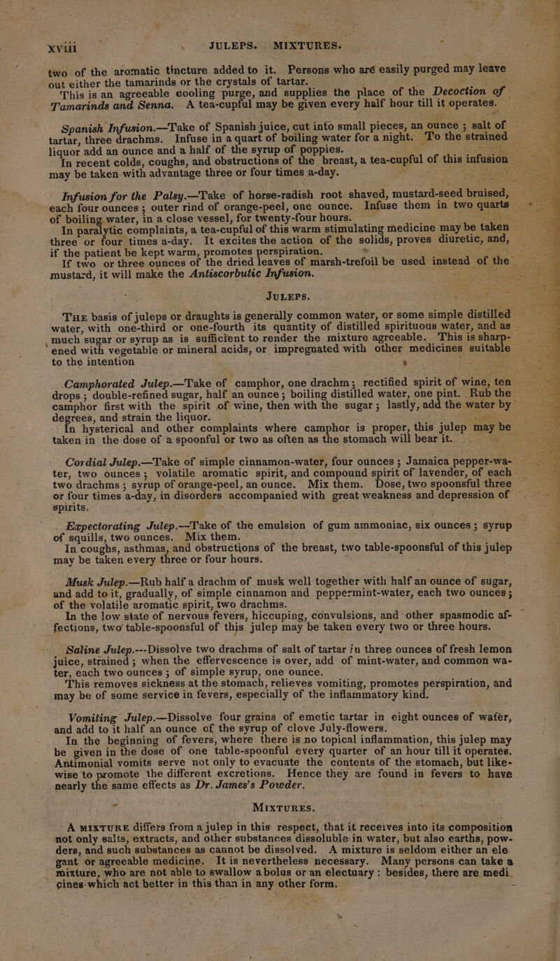 Xvi JULEPS. MIXTURES. - two of the aromatic tincture added to it. Persons who aré easily purged may leave out either the tamarinds or the crystals of tartar. y : : This is an agreeable cooling purge, and supplies the place of the Decoction of | Tamarinds and Senna. A tea-cupful may be given every half hour till it operates. Spanish Infusion.—Take of Spanish juice, cut into small pieces, an ounce ; salt of tartar, three drachms. Infuse in a quart of boiling water for a night. To the strained — liquor add an ounce and a half of the syrup of poppies. 7 (he Pa In recent colds, coughs, and obstructions of the breast, a tea-cupful of this infusion — may be taken with advantage three or four times a-day. gars ~ each four ounces ; outer rind of orange-peel, one ounce. Infuse them in two quarts of boiling water, in a close vessel, for twenty-four hours. Bhat In paralytic complaints, a tea-cupful of this warm stimulating medicine may be taken three or four times a-day. It excites the action of the solids, proves diuretic, and, if the patient be kept warm, promotes perspiration. tte . If two or three ounces of the dried leaves of marsh-trefoil be used instead of the mustard, it will make the Antiscorbutic Infusion. JULEPS. ene aes Tue basis of juleps or draughts is generally common water, or some simple distilled water, with one-third or one-fourth its quantity of distilled spirituous water, and as much sugar or syrup as is sufficient to render the mixture agreeable. This is sharp- ened with vegetable or mineral acids, or impregnated with other medicines suitable to the intention eae a : \ Camphorated Julep.—Take of camphor, one drachm; rectified spirit of wine, ten drops ; double-refined sugar, half an ounce ; boiling distilled water, one pint. Rub the camphor first with the spirit of wine, then with the sugar; lastly, ae degrees, and strain the liquor. xabigal In hysterical and other complaints where camphor is proper, this julep may be taken in the dose of a spoonful or two as often as the stomach will bear it. ter, two ounces; volatile aromatic spirit, and compound spirit of lavender, of each two drachms ; syrup of orange-peel, an ounce. Mix them. Dose, two spoonsful three or four times a-day, in disorders accompanied with great weakness and depression of Spirits. Exzpectorating Julep.--Take of the emulsion of gum ammoniac, six ounces 5 syrup of squills, two ounces.. Mix them. In coughs, asthmas, and obstructions of the breast, two table-spoonsful of this julep may be taken every three or four hours. t Musk Julep.—Rub half a drachm of musk well together with half an ounce of sugar, and add to it, gradually, of simple cinnamon and peppermint-water, each two ounces ; of the volatile aromatic spirit, two drachms. In the low state of nervous fevers, hiccuping, convulsions, and other spasmodic af- ' fections, two’ table-spoonsful of this julep may be taken every two or three hours. Saline Julep.---Dissolve two drachms of salt of tartar jn three ounces of fresh lemon juice, strained ; when the effervescence is over, add of mint-water, and common wa- ter, each two ounces ; of simple syrup, one ounce. This removes sickness at the stomach, relieves vomiting, promotes perspiration, and may be of some service in fevers, especially of the inflammatory kind. Vomiting Julep.—Dissolve four grains of emetic tartar in eight ounces of water, and add to it half an ounce of the syrup of clove July-flowers. In the beginning of fevers, where there is no topical inflammation, this julep may be given in the dose of one table-spoonful every quarter of an hour till it operates. Antimonial vomits serve not only to evacuate the contents of the stomach, but like- wise to promote the different excretions, Hence they are found in fevers to have nearly the same effects as Dr. James’s Powder. - MIXTURES. A MIXTURE differs from a julep in this respect, that it receives into its composition not only salts, extracts, and other substances dissoluble in water, but also earths, pow- ders, and such substances as cannot be dissolved. A mixture is seldom either an ele. gant or agreeable medicine. It is nevertheless necessary. Many persons can take a mixture, who are not able to swallow abolus or an electuary : besides, there are medi. cines-which act better in this than in any other form.
