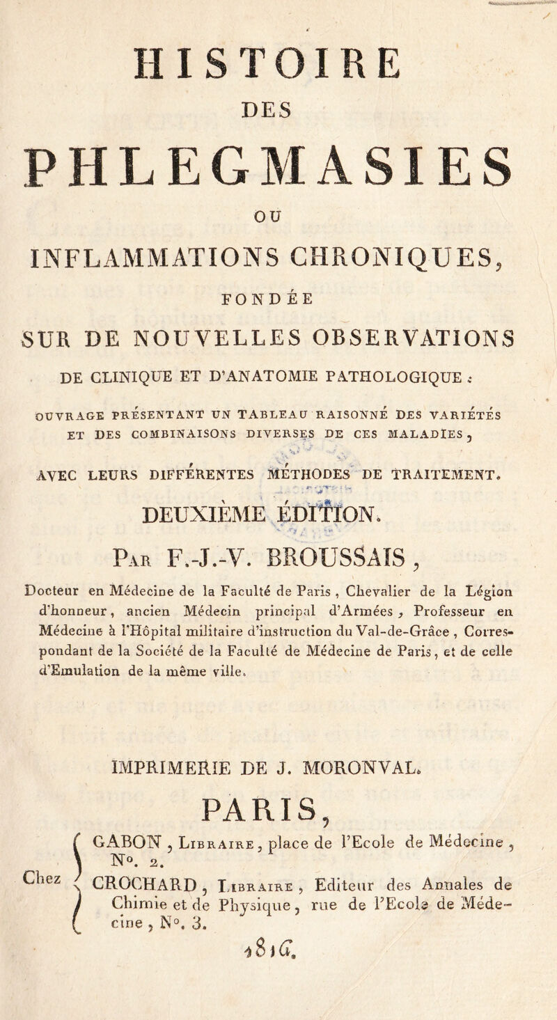 » HISTOIRE DES PHLEGMASIES OU INFLAMMATIONS CHRONIQUES, FONDÉE SUR DE NOUVELLES OBSERVATIONS DE CLINIQUE ET D’ANATOMIE PATHOLOGIQUE c OUVRAGE PRÉSENTANT UN TABLEAU RAISONNE DES VARIÉtÉS ET DES COMBINAISONS DIVERSES DE CES MALADIES 5 . H ' AVEC LEURS DIFFERENTES METHODES' DE TRAITEMENT* ft- • • - -- ■■41 DEUXIÈME ÉDÏ’f'ION. -w .P*, V* Par F.-J.-V. BROUSSAIS, Docteur en Médecine de la Faculté de Paris , Chevalier de la Légion d’honneur, ancien Médecin principal d’Arinées , Professeur en Médecine à l'Hôpital militaire d’instruction du Val-de-Grâce , Corres- pondant de la Société de la Faculté de Médecine de Paris, et de celle d’Emulation de la même ville. IMPRIMERIE DE J. MORONVAL* PARIS, r GABON 5 Libraire, place de l’Ecole de Médecine , N No. 2. Chez CROCHARD , Libraire , Editeur des Annales de y Chimie et de Physique, rue de PEcole de Méde- cine 5 N®. 3.