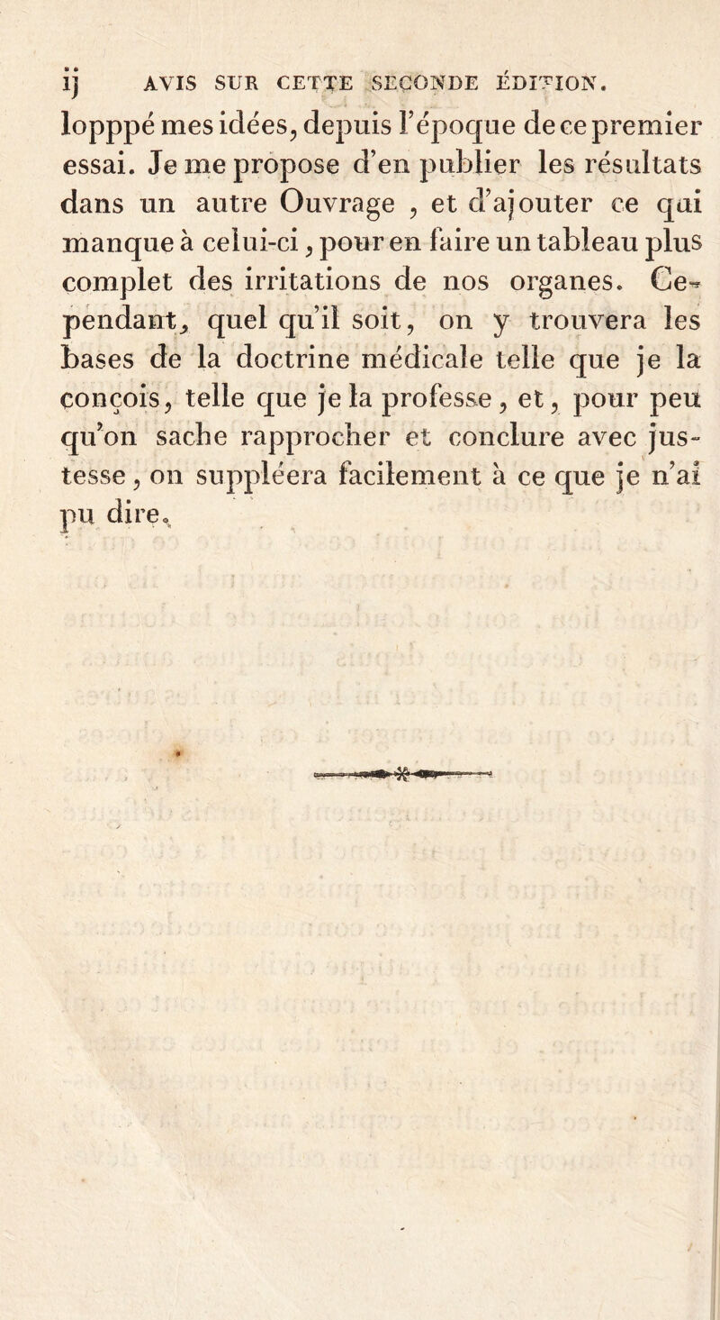 ij AVIS SUR CETTE SECONDE ÉDITION. lopppé mes idées^ depuis Fépoque de ee premier essai. Je me propose d’en publier les résultats dans un autre Ouvrage ^ et d’ajouter ce qui manque à celui-ci ^ pour en faire un tableau plus complet des irritations de nos organes. Ce-^ pendant^ quel cju’il soit, on y trouvera les bases de la doctrine médicale telle que je la conçois, telle que Je la professe, et, pour peu qu’on sache rapprocher et conclure avec juS“ tesse, on suppléera facilement a ce que je n’ai pu dire«