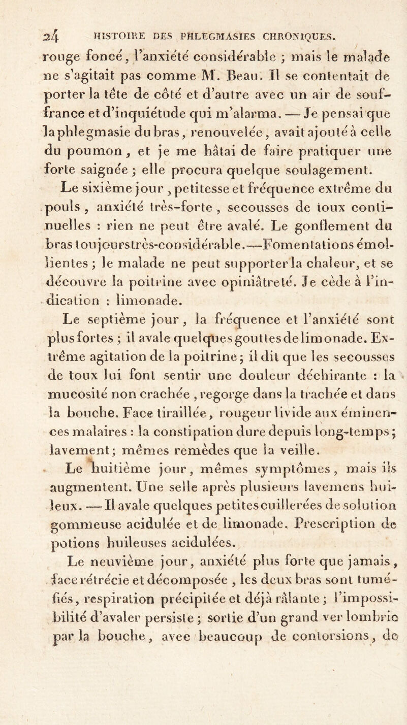 rouge fonce, l’anxiété considérable ; mais le malade ne s’agitait pas comme M. Beau. Il se contentait de porter la tête de côté et d’autre avec un air de souf- france et d’inquiétude qui m’alarma. — Je pensai que laphlegmasie du bras, renouvelée, avait ajouté à celle du poumon , et je me bâtai de faire pratiquer une forte saignée ; elle procura quelque soulagement. Le sixième jour , petitesse et fréquence extrême du pouls, anxiété très-forte, secousses de toux conti- nuelles : rien ne peut être avalé. Le gonflement du b ras t ou j ou rs tr ès-c on sidérab 1 e. —Fom e n t a ti o ns ém oi- lientes ; le malade ne peut supporter la chaleur, et se découvre la poitrine avec opiniâtreté. Je cède à l’in- dication ? limonade. Le septième jour , la fréquence et l’anxiété sont plusfortes ; il avale quelquesgouttesdelimonade. Ex- trême agitation de la poitrine ; il dit que les secousses de toux lui font sentir une douleur déchirante : la mucosité non crachée , regorge dans la trachée et dans la bouche. Face tiraillée, rougeur livide aux éminen- ces malaires : la constipation dure depuis long-temps; lavement; mêmes remèdes que la veille. Le huitième jour, mêmes symptômes, mais ils augmentent. Une selle après plusieurs lavemens hui- leux. — Il avale quelques petiteseuillerées de solution gommeuse acidulée et de limonade. Prescription de potions huileuses acidulées. Le neuvième jour, anxiété plus forte que jamais, face rétrécie et décomposée , les deux bras sont tumé- fiés, respiration précipitée et déjà râlante ; l’impossi- bilité d’avaler persiste ; sortie d’un grand ver lombric parla bouche, avec beaucoup de contorsions, de