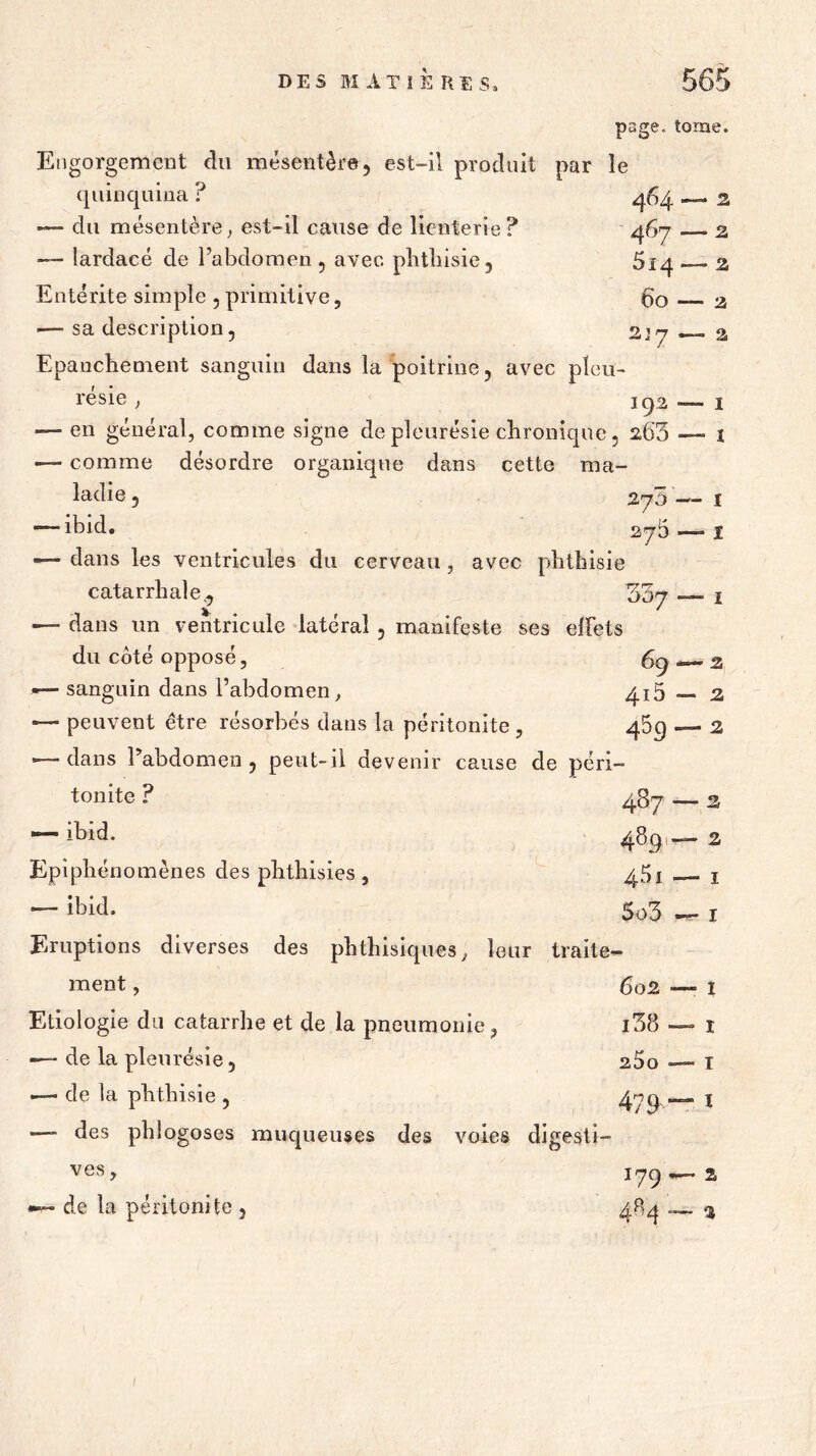 page. tome. Engorgement du mésentère, est-il produit par le quinquina ? 464 _ z — du mésentère, est-il cause de lienterie ? 467 . 2 — lardacé de l'abdomen , avec phthisie, 514 —. 2 Entérite simple , primitive, 60 2 ■—■ sa description, 217 , % Epanchement sanguin dans la poitrine, avec pleu- résie ; 192 — î ■— en général, comme signe de pleurésie chronique, 263 — x •— comme désordre organique dans cette ma- ladie, 270 — 1 — ibid. 27b — 1 — dans les ventricules du cerveau, avec phthisie catarrhale,, 337 — 1 •— dans un ventricule latéral, manifeste ses effets du côté opposé, 69 — 2 — sanguin dans l’abdomen, 4i5 — 2 ■— peuvent être résorbés dans la péritonite, 459 — 2 —-dans Pabdomen, peut-il devenir cause de péri- tonite ? 487 — 2 — ibid. 489 2 Epiphénomènes des phthisies, 40I — I — ibid. 5o3 — 1 Eruptions diverses des phthisiques, leur traite- ment, 602 —» 1 Etiologie du catarrhe et de la pneumonie, i38 — î — de la pleurésie, 2Ôo — I — de la phthisie , 479 — 1 — des phlogoses muqueuses des voies digesti- ves. 179 — 2 de la péritonite , 484 — 3