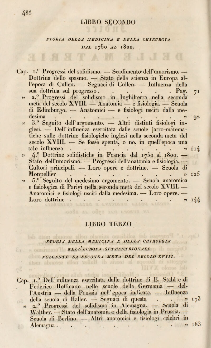 LIBRO SECONDO 48G STORIA DELLA MEDICINA E DELLA CHIRURGIA DAL 1 75o AL l800. Cap. i.° Progressi del solidismo. — Scadimento^ dell’umorismo. — Dottrina dello spasmo. — Stato della scienza in Europa al¬ l’epoca di Cullen. — Seguaci di Cullen. — Influenza della sua dottrina sul progresso. . . . . .Pag. « 2. Progressi elei solidismo in Inghilterra nella seconda metà del secolo XVIII. — Anatomia — e fisiologia. — Scuola e fisiologi usciti dalla me- . . . . » Altri distinti fisiologi in¬ eli Edimburgo. — Anatomici efesi ma .... 3.° Seguito elell’argomento, glesi. — Dell’influenza esercitata dalle scuole jatro-matema- ticlie sulle dottrine fisiologiche inglesi nella seconda metà del secolo XVIII. — Se fosse spenta, o no, in quell’epoca una tale influenza ........ y> 4.0 Dottrine solidistiche in Francia dal iy5o al 1800. — Stato dell’umorismo. — Progressi dell’anatomia e fisiologia. —• Cultori principali. — Loro opere e dottrine. — Scuola di Monpellier 5.° Seguito del medesimo argomento. — Scuola anatomica e fisiologica di Parigi nella seconda metà del secolo XVIII. — Anatomici e fisiologi usciti dalla medesima. — Loro opere. — Loro dottiine ........ r> 1x4 » 12; ‘44 LIBRO TERZO STORIA DELLA MEDICINA E DELLA CHIRURGIA NELL*EUROPA SETTENTRIONALE VOLGENTE LA SECONDA METÀ DEL SECOLO XVIII. Cap. i.° Delfi influenza esercitata dalle dottrine di E. Stahl e di Federico HolFmann nelle scuole della Germania — del¬ l’Austria — della Prussia nell’epoca indicata. — Influenza della scuola di Haller. — Seguaci di questa . . » iy3 » 2.0 Progressi del solidismo in Alemagna. — Scuola di Walther. — Stato dell’anatomia e della fisiologia in Prussia. — Scuola di Berlino. — Altri anatomici e fisiologi celebri in Alemagna ” 183