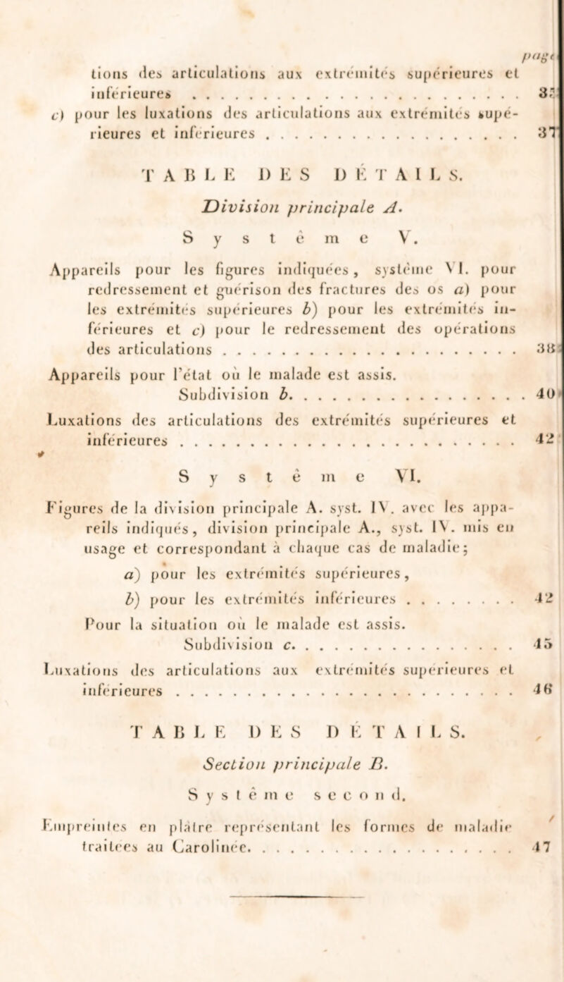 P‘*g« lions des articulations aux extrémités supérieures et inférieures 33. c) pour les luxations des articulations aux extrémités supé- rieures et inferieures 37 T A B L E DES D É T AILS. Division principale A. Système Y . Appareils pour les figures indiquées, système \ I. pour redressement et guérison des fractures des os a) pour les extrémités supérieures b) pour les extrémités in- férieures et c) pour le redressement des opérations des articulations 33 Appareils pour l’état où le malade est assis. Subdivision b 40' Luxations des articulations des extrémités supérieures et inférieures 42 System e VI. Figures de la division principale A. syst. 1\. avec les appa- reils indiqués, division principale A., syst. I\. mis eu usage et correspondant à chaque cas de maladie; ai) pour les extrémités supérieures. b) pour les extrémités inférieures 42 Pour la situation ou le malade est assis. Subdivision c 45 Luxations des articulations aux extrémités supérieures et inferieures 48 T A B L E 1) E S D É T A I L S. Section principale B. Système second. Empreintes en plaire représentant les formes de maladie traitées au Carolinée 47