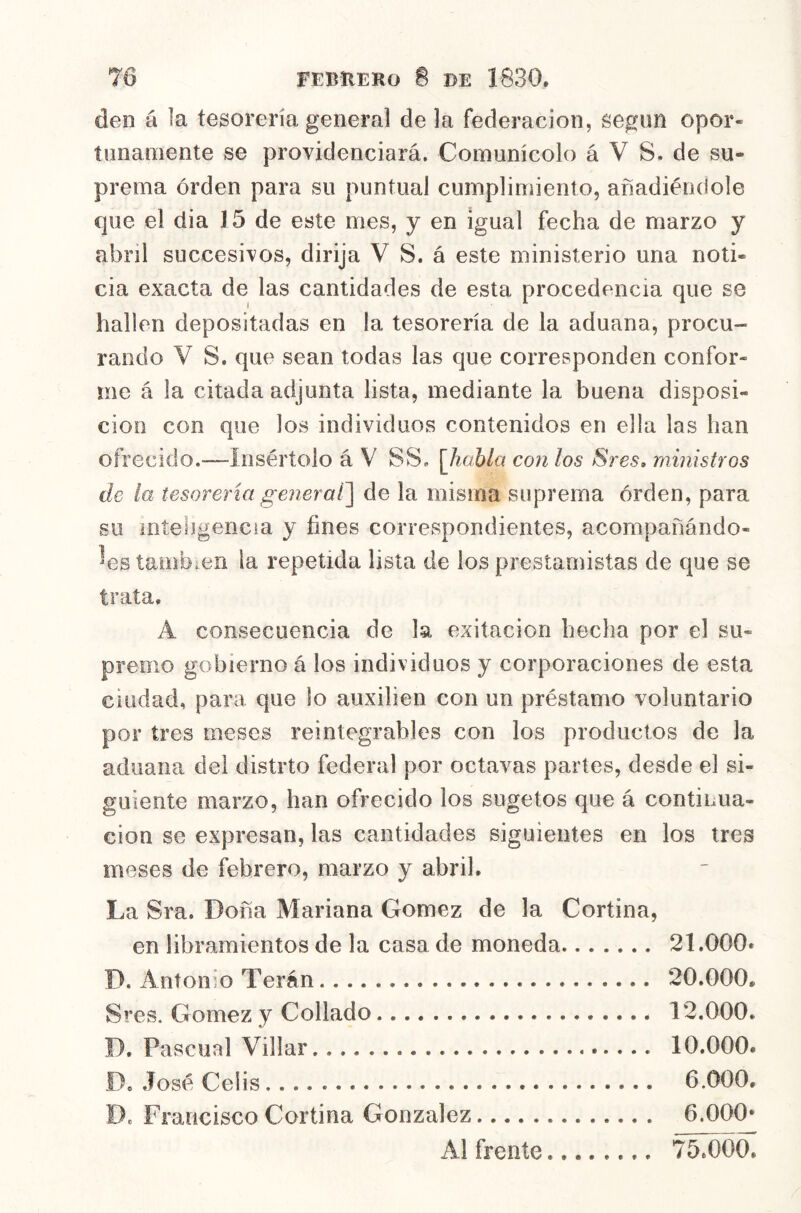 den á la tesorería general de la federación, segiin opor- íiinamente se providenciará. Comunicólo á V S. de su« prema órden para su puntual cumpliniieiito, añadiéndole que el dia 15 de este mes, y en igual fecha de marzo y abril succesivos, dirija V S. á este ministerio una noti- cia exacta de las cantidades de esta procedencia que se hallen depositadas en la tesorería de la aduana, procu- rando V S. que sean todas las que corresponden confor- me á la citada adjunta lista, mediante la buena disposi- ción con que los individuos contenidos en ella las han ofrecido.—Insértelo á V SS. \1iahla con los Sres:, ministros de la tesorería general] de la misma suprema órden, para su inteligencia y fines correspondientes, acompañándo- les también la repetida lista de los prestamistas de que se trata. A consecuencia de la exitaciori hecha por el su- premo gobierno á los individuos y corporaciones de esta ciudad, para que lo auxilien con un préstamo voluntario por tres meses reintegrables con los productos de la aduana del distrto federal por octavas partes, desde el si- guiente marzo, han ofrecido los sugetos que á continua- ción se expresan, las cantidades siguientes en los tres meses de febrero, marzo y abril. La Sra. Doña Mariana Gómez de la Cortina, en libramientos de la casa de moneda 21.000» D. Antonio Terán 20.000. Sres. Gómez y Collado 12.000. D. Pascual Villar 10.000» D. JoséCeíis 6.000. De Francisco Cortina González 6.000* Al frente 75.000,