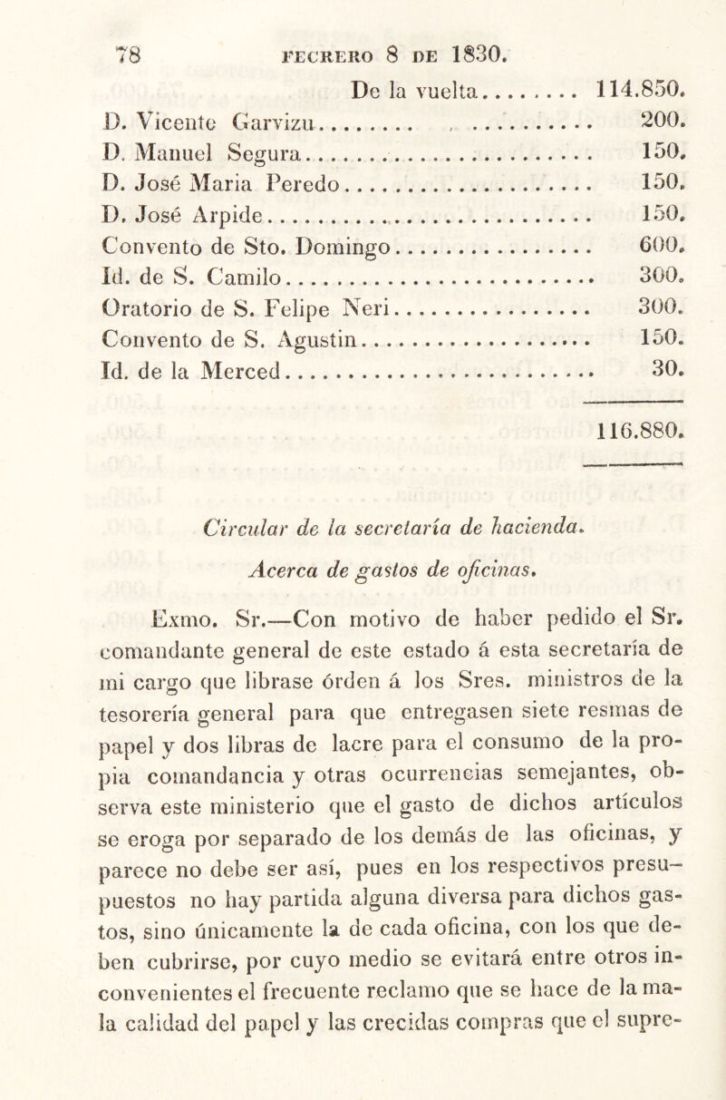 De la vuelta 114.850, D. Vicente Garvizu 200. D, Manuel Segura 150, D. José Maria Peredo 150, Dr José Arpide 150, Convento de Sto, Domingo 600, Id. de S. Camilo 300, Oratorio de S. Felipe Neri 300. Convento de S. Agustin 150. Id. de la Merced 30. 116.880. Circular de la secretaria de hacienda. Acerca de gastos de oficinas» Exmo, Sr.—Con motivo de haber pedido el Sr, comandante general de este estado á esta secretaría de mi cargo que librase orden á los Sres. ministros de la tesorería general para que entregasen siete resmas de papel y dos libras de lacre para el consumo de la pro- pia comandancia y otras ocurrencias semejantes, ob- serva este ministerio que el gasto de dichos artículos se eroga por separado de los demás de las oficinas, y parece no debe ser así, pues en los respectivos presu- puestos no hay partida alguna diversa para dichos gas- tos, sino únicamente la de cada oficina, con los que de- ben cubrirse, por cuyo medio se evitará entre otros in- convenientes el frecuente reclamo que se hace de la ma- la calidad del papel y las crecidas compras que el supre-