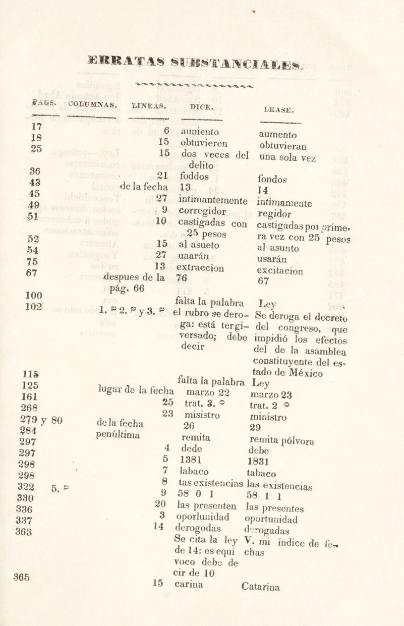 *)«KAT AS •ÍÁGs. COLUMNAS. LINEAS. DICE. LEASE. 17 Í8 25 36 43 45 49 51 52 54 75 67 100 102 215 125 161 268 279 y 80 284 297 297 298 298 322 5. 5^ 330 336 337 363 6 auniento 15 obtuvieren 15 dos veces del delito 21 foddos de la fecha 13 27 iníimantemente ^ 9 corregidor 10 castigadas con 25 pesos 15 al asueto 27 uaarán 13 después de la pág. 66 1. í“2, .^y3. extracción 76 falta la palabra el rubro se dero- ga: está tergi- versado; debe decir lugar de la fecha 25 de la fecha penúltima 23 4 5 7 8 9 20 3 14 365 15 falta la palabra marzo 22 trat, 3. ® misistro 26 remita dede 1381 I abaco tas existencias 58 0 1 las presenten oportunidad derogodas Se cita la ley de 14: es equí voco debe de cir de 10 carina aumento obtuvieran una sola vez fondos 14 intimamente regidor castigadas poi primer ra vez con 25 pesos al asunto usarán excitación 67 Ley ■ , Se deroga el decreto del congreso, que impidió los efectos del de la asamblea constituyente del es. tado de México Ley marzo 23 trat. 2 ^ ministro 29 remita pólvora debe 1831 tabaco las existencias 58 1 1 las presentes oportunidad derogadas V. mi índice de fe-* chas Catarina