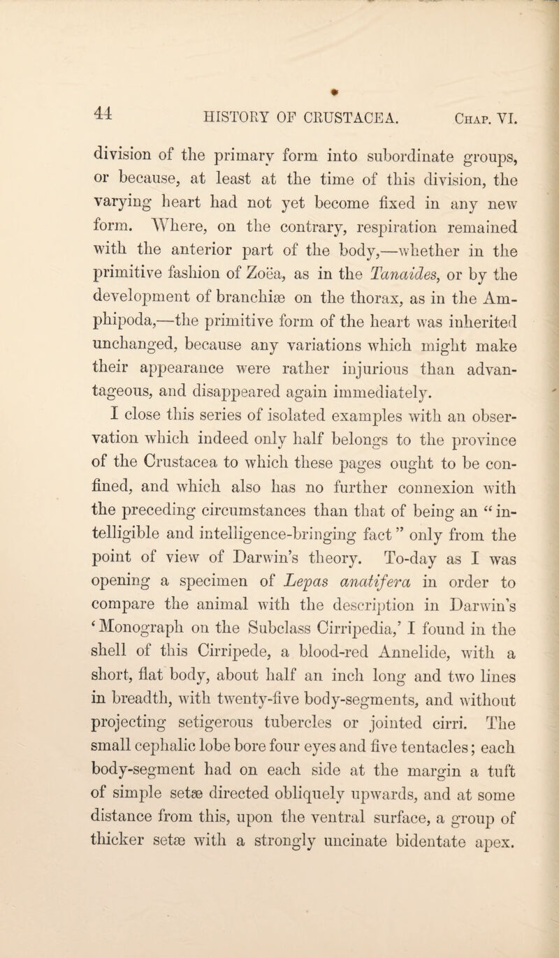 division of the primary form into subordinate groups, or because, at least at the time of this division, the varying heart had not yet become fixed in any new form. Where, on the contrary, respiration remained with the anterior part of the body,—whether in the primitive fashion of Zoea, as in the Tanaides, or by the development of branchiae on the thorax, as in the Ain- phipoda,—the primitive form of the heart was inherited unchanged, because any variations which might make their appearance were rather injurious than advan¬ tageous, and disappeared again immediately. I close this series of isolated examples with an obser¬ vation which indeed only half belongs to the province of the Crustacea to which these pages ought to be con¬ fined, and which also has no further connexion with the preceding circumstances than that of being an “ in¬ telligible and intelligence-bringing fact ” only from the point of view of Darwin’s theory. To-day as I was opening a specimen of Lepas anatifera in order to compare the animal with the description in Darwin’s 4 Monograph on the Subclass Cirripedia,’ I found in the shell of this Cirripede, a blood-reel Annelide, with a short, flat body, about half an inch long and two lines in breadth, with twenty-five body-segments, and without projecting setigerous tubercles or jointed cirri. The small cephalic lobe bore four eyes and five tentacles; each body-segment had on each side at the margin a tuft of simple setae directed obliquely upwards, and at some distance from this, upon the ventral surface, a group of thicker setae with a strongly uncinate bidentate apex.
