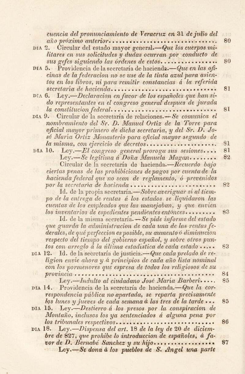 cuencia del pronunciamimto de Yeracntz en 31 dejtdio del año próximo anterior 80 DIA S. Circular del estado mayor general.—-Que los cuerpos mi- litares en sus solicitudes y dudas ocurran por conducto de sus ge/es siguieyido las órdenes de estos * 80 DIA 5. Providencia de la secretaría de hacienda.—Que en las ofi- cinas de la federación no se use de la tinta azul para asien- tos en los libros, ni para remitir constancias á la ref crida secretaría de hacienda 81 DTA 6. Ley.—Declaración en favor de los españoles que han si- do representantes en el congreso general después de jurada la constitución federal 81 DIA 9. Circular de la secretaría de relaciones.—Se comunica el nombramiento del Sr. D. Manuel Ortiz de la Torre para oficial mayor primero de dicha secretaría, y del Sr. D. Jo- sé María Ortiz Monasterio para oficial mayor segundo de la misma, con ejercicio de decretos 81 DIA lo. Ley.—El congreso generalproroga sus sesiones»... 81 Ley.—Se legitima á Doña Manuela Magcun 82 Circular de la secretaría de hacienda.—Recuerdo bajo ciertas penas de las prohibiciones de pagos por cuenta de la hacienda federal que no sean de reglamento, ó prevenidos por la secretaría de hacienda 82 Id. de la propia secretaría.—Sobre averiguar si al tiem- po de la entrega de rentas á los estados se liquidaron las cuentas de los empleados que las manejaban, y que envien los inventarios de espedientes pendientes entonces. 83 Id. de la misma secretaría.—Se pide informe del estado que guarda la administración! de cada una de las rentas fe- derales, de qué perfección es posible, su aumento ó diminución respecto del tiempo del gobierno español, y sobre otros pun- ios con arreglo á la última estadística de cada estado 83 día 12. Id. de la secretaría de justicia.—Que cada prelado de re- ligión envíe ahora y á principios de cada año Usía nominal con los pormenores que espresa de todos los religiosos de su provincia 84 Ley.—Indulto al ciudadano José María Barberi 85 DIA 14. Providencia de la secretaría de hacienda.—Que la cor- respondencia pública no apartada, se reparta precisamente lys lunes y jueves de cada semana á las tres de la tarde ... 85 DIA 15. Ley.—Destierro á los presos por la conspiración de Montaño, inclusos los ya sentenciados á alguna pena por los tribunales respectivos» 86 DIA 18. Ley.—Dispensa del art. de la ley de 20 de diciem- bre de 827, que prohibe lo introducción de españoles, á fa- vor de D. Bernabé Sánchez y su hijo 87 Ley.—Se dona á los pueblos de S» Angel una parte