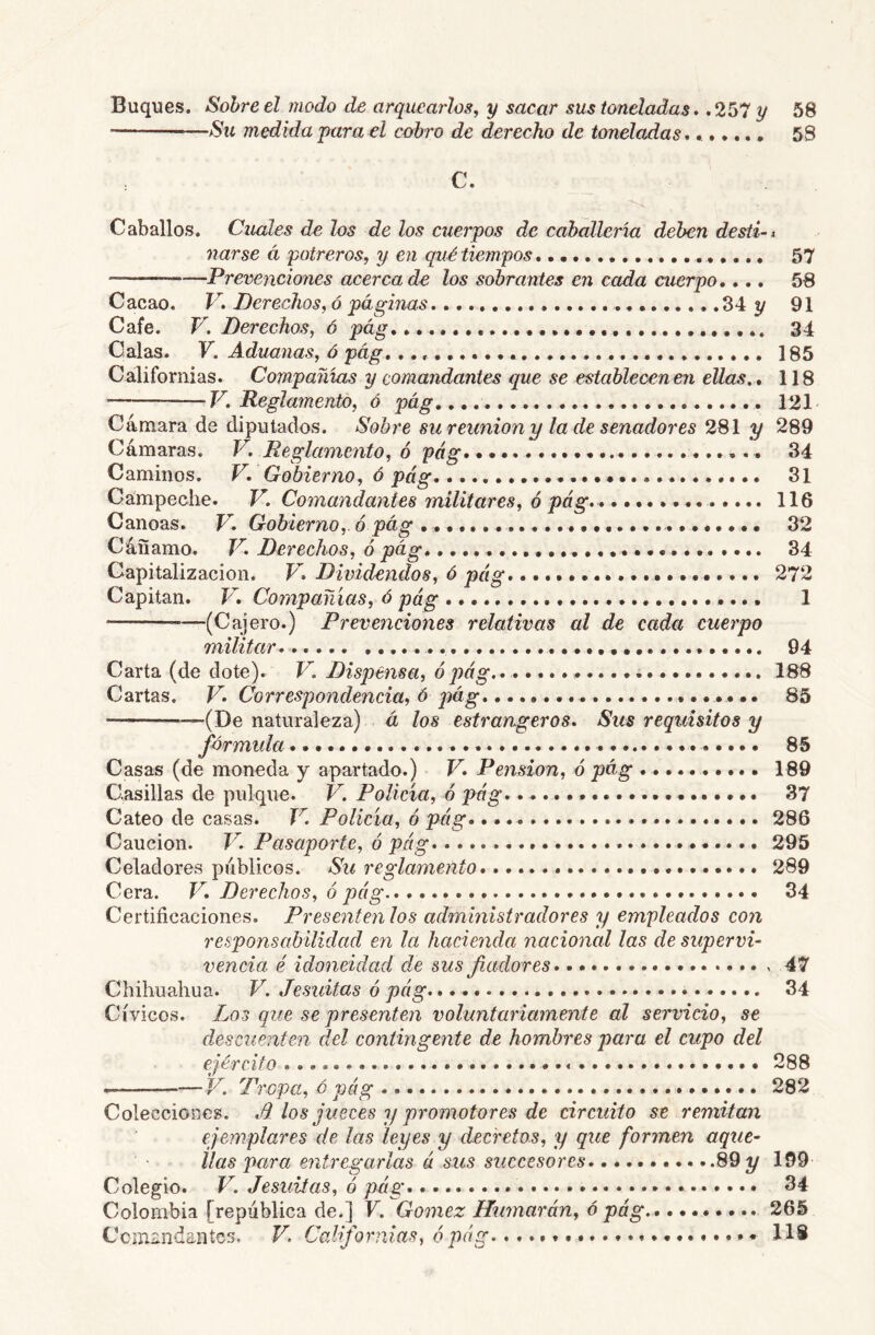 Buques. Sobre el modo de arquearlos, y sacar sus toneladas, .257 y 58 Sil medida para el cobro de derecho de toneladas, 58 C, Caballos. Cuales de los de los cuerpos de caballería deben desti-x liarse á potreros, y en qué tiempos 57 Prevenciones acerca d^ los sobrantes en cada cuerpo.... 58 Cacao. V. Derechos, ó páginas 34^ 91 Cafe. V. Derechos, ó pág 34 Calas. V. Aduanas, ó pág, 185 Californias. Compañías y comandantes que se establecen en ellas., 118 V. Reglamento, ó pág,,,, 121 ^ Cámara de diputados. Sobre su reunión y la de senadores 2%\ y 289 Cámaras. V. Reglamento, ó pág 34 Caminos. V, Gobierno, ó pág 31 Campeche. V. Comandanies militares, ó pág, 116 Canoas. V. Gobierno,, ó pág 32 Cáñamo. V, Derechos, ó pág 34 Capitalización. V, Dividendos, ó pág,,,,,,,,,,,,, 272 Capitán. V, Compañías, ó pág 1 — (Cajero.) Prevenciones relativas al de cada cuerpo militar 94 Carta (de dote). V. Dispensa, ó pág. 188 Cartas. V, Correspondencia, 6 pág 85 (De naturaleza) á los estrangeros. Sus requisitos y fórmula 85 Casas (de moneda y apartado.) V, Pensión, ó pág 189 Casillas de pulque. V. Policía, ó pág, 37 Cateo de casas. V. Policía, ó pág, 286 Caución. V. Pasaporte, ó pág 295 Celadores públicos. iSi¿ reglamento 289 Cera. V, Derechos, ó pág 34 Certificaciones. Presenten los administradores y empleados con responsabilidad en la hacienda nacional las de supervi- vencia é idoneidad de s us fiadores 47 Chihuahua. V. Jesuítas ó pág 34 Cívicos. Los que se presenten voluntariamente al servicio, se descuenten del contingente de hombres para el cupo del ejército 288 V. Tropa, 6 pág 282 Colecciones. ,8 los jueces y promotores de circuito se remitan ejemplares de las leyes y decretos, y que formen aque- llas para entregarlas á sus succesores 891/ 199 Colegio. V. Jesuítas, ó pág, 34 Colombia [república de.] F. Gómez JJumarán, ó pág 265 Ccni2:ndantc3. V, Californias, 6 pág * 118