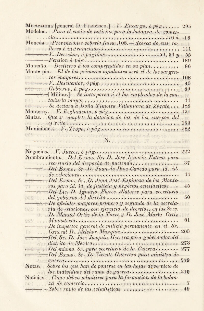 Moctezuma [general D. Francisco.] V. Encargo, ó pag 295 Modelos» Eara el enrío de nolician para la balanza de comer- . cío. ^ 6 á 16 Moneda. Prevenciones sóbrela falsa-.IOS,—^Acerca de sus ta- Jlares é inslrumentos^s 111 •——7-~V...Derechos, ó páginas .50, 54 y 55 Pensión ó pág 189 Montano. Destierro ú los comprendidos en suplan 86 Monte pió. El de los primeros ayudantes será el de los sargen- tos 7nayores . 108 tF. Descuentos, ó pág. 46 7^—.Gobierno, .ó pág......,..,.,.. ... ................ 89 [Militar.] Se incorporen á él los empleados de la con- . , tadurki mayor 44 r-:—Se declara á Doña Timotea Villanueva de Zcirate^... 188 Monterey. F* * Eeglamento, ó pág 121 Muías. Que se complete la dotación de las de los cuerpos del , /járcifo 183 Municiones. F., Tropa, ó pág.......................... 282 ^  .N. .. .... , , . Negocios. F. Jueces, 6 pág. 222 Nombramiento. Del Exmo. Sr. D, José Ignacio lásteva para . . secretario del despacho de hacienda 37 —Del Exmo. Sr. D. Juan de Dios Cañedo para id. Ml. , de relaciones 44 —-Del Exmo. Sr, 1). Juan José Espinosa de los Montcr ros para id. id. de justicia y negocios eclesiásticos ... 45 Del Lie. D. Ignacio Flores Alatorre para secretario del gobierno del distrito 50 •! ■ ría de relaciones, con ejerficio de decretos, en los Sres. I). Manuel Ortiz de la Torre y D. José Marki Ortiz ., Monasterio 81 —mrDe inspector general de milicia permanente - en el Sr. ^ . General D. Melchor Muzquiz 203 r^Del Sr. D. José Joaquín Herrera para gobernador del distrito de México 273 • Del,mismo Sr. para secret.ario de la Guerra........ 277 —zDel Exmo. Sr. D. Vicente Guerrero para ministro de guerra 279 Notas.. Sobre las que han de ponerse en las hojas de servicio de los individuos del ramo de guerra 210 Noticias. Cómo deben admitirse para la formación de la balan- za de comercio 7