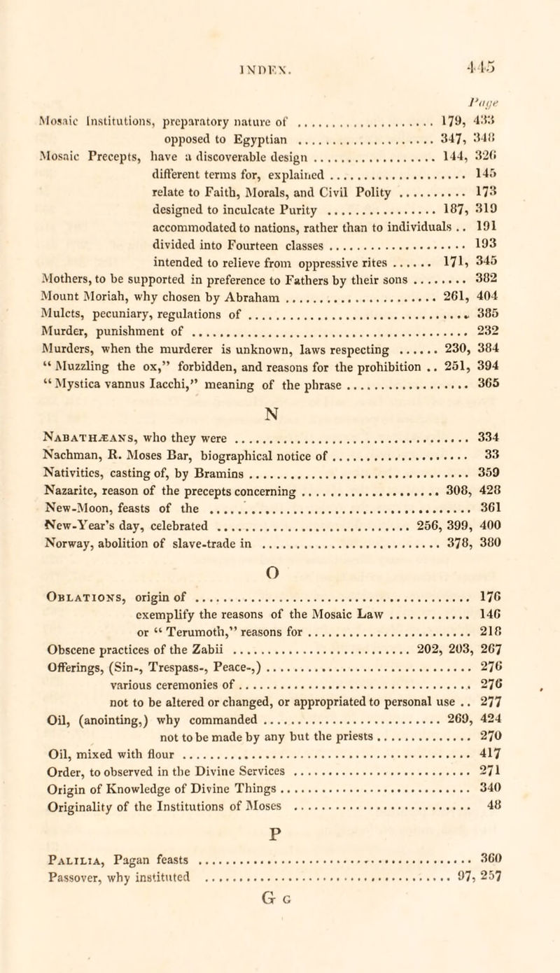 1N11KX. Page Mosaic Institutions, preparatory nature of . 179, 433 opposed to Egyptian . 347, 34!! Mosaic Precepts, have a discoverable design. 144, 326 different terms for, explained. 145 relate to Faith, Morals, and Civil Polity. 173 designed to inculcate Purity . 187, 319 accommodated to nations, rather than to individuals .. 191 divided into Fourteen classes. 183 intended to relieve from oppressive rites. 171, 345 Mothers, to be supported in preference to Fathers by their sons. 382 Mount Moriah, why chosen by Abraham. 261, 404 Mulcts, pecuniary, regulations of.* 385 Murder, punishment of . 232 Murders, when the murderer is unknown, laws respecting . 230, 384 “ Muzzling the ox,” forbidden, and reasons for the prohibition .. 251, 394 “ Mystica vannus Iacchi,” meaning of the phrase. 365 N Nabath^ans, who they were ... 334 Nachman, R. Moses Bar, biographical notice of. 33 Nativities, casting of, by Bramins. 359 Nazarite, reason of the precepts concerning. 308, 428 New-Moon, feasts of the . 361 New-Year’s day, celebrated . 256, 399, 400 Norway, abolition of slave-trade in . 378, 380 o Oblations, origin of . 176 exemplify the reasons of the Mosaic Law. 146 or “ Terumoth,” reasons for. 216 Obscene practices of the Zabii . 202, 203, 267 Offerings, (Sin-, Trespass-, Peace-,). 276 various ceremonies of.. 276 not to be altered or changed, or appropriated to personal use .. 277 Oil, (anointing,) why commanded. 269, 424 not to be made by any but the priests. 270 Oil, mixed with flour . 417 Order, to observed in tbe Divine Services . 271 Origin of Knowledge of Divine Things. 340 Originality of the Institutions of Moses . 48 P Palilia, Pagan feasts .-. 360 Passover, why instituted . 97, 257 G G