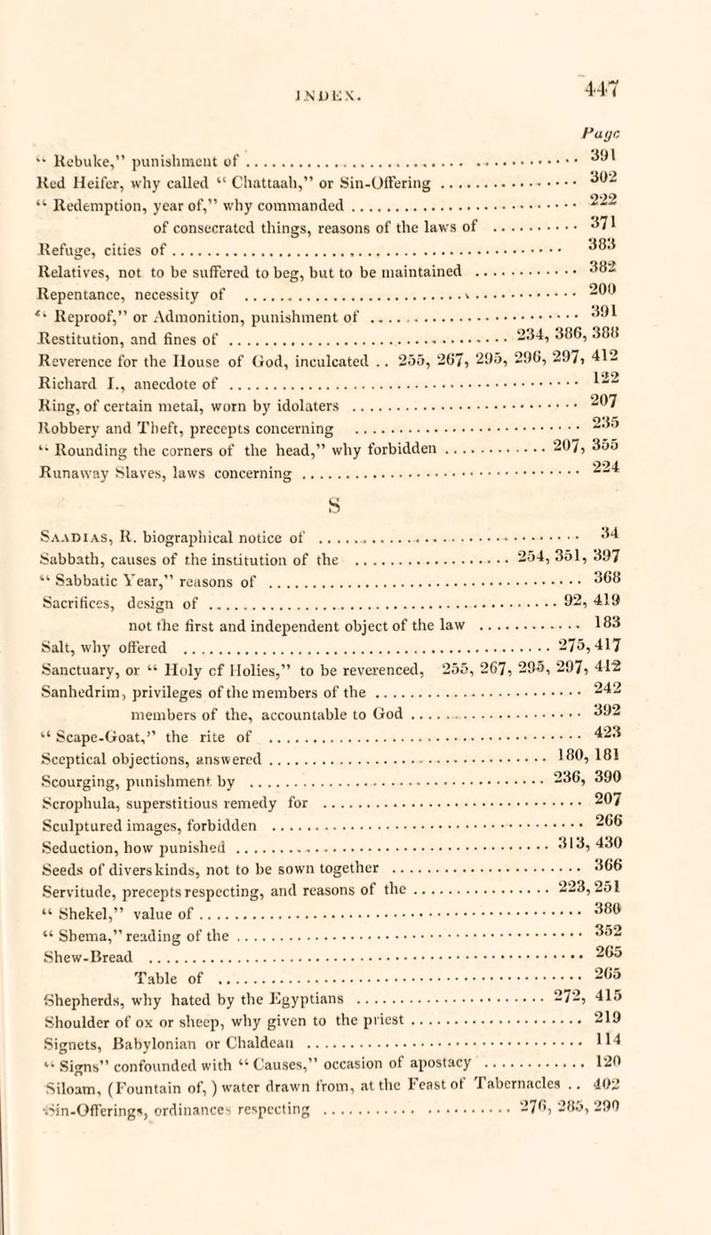 Fuyr. u Rebuke,” punishment of... 391 Red Heifer, why called “ Chattaah,” or Sin-Offering. 302 “ Redemption, year of,” why commanded. -^22 of consecrated things, reasons of the laws of . 371 Refuge, cities of. 383 Relatives, not to be suffered to beg, but to be maintained . 382 Repentance, necessity of ...,. 200 “ Reproof,” or Admonition, punishment of . 391 Restitution, and fines of .234, 386, 388 Reverence for the House of God, inculcated .. 255, 267, 235, 296, 297, 412 Richard I., anecdote of . 1““ Ring, of certain metal, worn by idolaters . 207 Robbery and Theft, precepts concerning . 235 Rounding the corners of the head,” why forbidden. 207, 355 Runaway Slaves, laws concerning . 224 s Saadias, R. biographical notice of .. 34 Sabbath, causes of the institution of the . 254, 351, 397 “ Sabbatic Year,” reasons of . 368 Sacrifices, design of .02, 419 not the first and independent object of the law . 183 Salt, why offered . 275,417 Sanctuary, or u Holy cf Holies,” to be reverenced, 255, 267, 295, 297, 412 Sanhedrim, privileges of the members of the. 242 members of the, accountable to God. 392 “ Scape-Goat,” the rite of . ^23 Sceptical objections, answered. 130, 181 Scourging, punishment by . 236, 390 Scrophula, superstitious remedy for . 207 Sculptured images, forbidden . 266 Seduction, how punished.-.313, 430 Seeds of divers kinds, not to be sown together . 366 Servitude, precepts respecting, and reasons of the. 223,251 “ Shekel,” value of. 380 “ Shema,” reading of the. 352 Shew-Bread . 265 Table of . 265 Shepherds, why hated by the Egyptians . 272, 415 Shoulder of ox or sheep, why given to the priest. 219 Signets, Babylonian or Chaldean . 114 “ Signs” confounded with “ Causes,” occasion of apostacy . 120 Siloam, (F'ountain of, ) water drawn from, at the Feast ot i abcrnacles ,, 402 •Sin-Offerings, ordinances respecting . 276, 285, 290