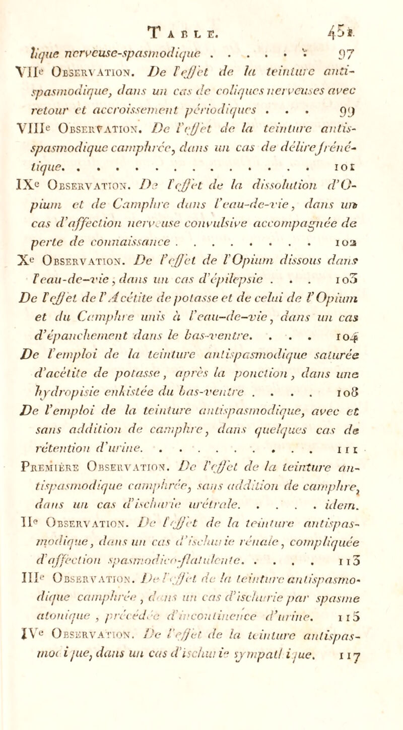 Table. 4^* ligue nerveuse-spasmodique 'i 97 VIIe Observation. De PeJ/'et de. la teinture anti- spasmodique, dans un cas de coliques nerveuses avec retour et accroissement périodiques ... 9;) VIIIe Observation. De Veffet de la teinture antis- spasmodique camphrée, dans un cas de délireJ réac- tique 101 IXe Observation. De ïeffet de la dissolution d’O- pium et de Camphre, dans l’eau-de-vie, dans un cas d’affection nerveuse convulsive accompagnée de perle de connaissance 10a Xe Observation. De l’effet de VOpium dissous dans T eau-de-vie, dans un cas d’épilepsie ... io3 De l'effet de T Acét.ite de potasse et de celui de l’Opium et du Camphre unis à l'eau-de-vie, dans un cas d’épanchement dans le bas-ventre. ... ro~f De l’emploi de la teinture antispasmodique saturée d’acétite de potasse, après la ponction , dans une hydropisie enkistée du bas-ventre .... 108 De l’emploi de la teinture antispasmodique, avec et sans addition de camphre, dans quelques cas de rétention d'urine m Première Observation. De l'effet de la teinture an- tispasmodique camphrée, sans addition de camphre, dans un cas cVischurie urétraie idem. IIe Observation. De [tJ/et de la teinture antispas- rnoclique, dans un cas d’isehuiie rénale, compliquée d'affection spasmodicn-fla/ufentc ii3 IIIe Observation. De l'effet de la teinture antispasmo- dique camphrée , d. us un cas d’ischurie par spasme atonique , précédée d'incontinence d’urine. ii5 IVe Observation. De l’effet de la teinture antispas- rnoi i/ue, dans un cas d’ischui ie sjmpat! i/ue, 117