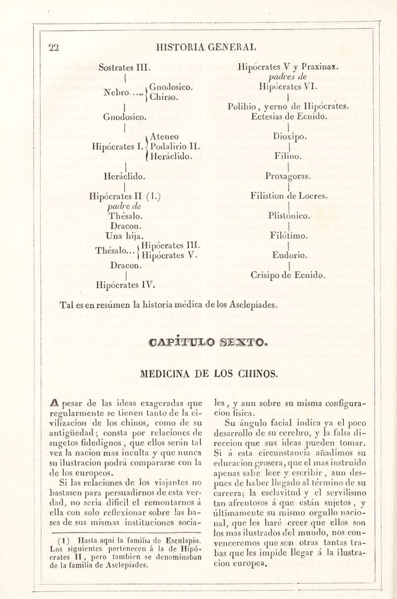 Sostrates III. I T-T , iGnodoslco. {Chirso. 1 Gnodosico. Hipócrates V j Praxioax. padres de Hipócrates VI. Polibio , yerno de Hipócrates. Ectesias de Ecnido. I Ateneo Hipócrates I. -j Podalirio II. (Heráclido. Dioxipo. Filino. Heráclido. Proxa o'oras. O Hipócrates II (1.) padre de T besa lo. Dracon. Una bija. Tíldalo t Hipócrates Ilí. I Hipócrates V. Dracon. Filistion de Locres. I pi istóoico. Filótimo. 1 Eudorio. Hipócrates IV. Tal es en resumen la historia médica de los Asclepíades. :t©. Crisipo de Ecnido. MEDICINA DE LOS CHINOS. pesar de las ideas exageradas que regularmente se tienen tanto de la ci- vilización de los chinos^ como de su antigüedad j consta por relaciones de sugetos fidedignos , que ellos serán tal vez la nación mas inculta y que nunca su ilustración podrá compararse con la de los europeos. Si las relaciones de los viajantes no bastasen para persuadirnos de esta ver- dadj no seria dificil el remontarnos á ella con solo refiexionar sobre las ba- ses de sus mismas instituciones socia- (1) Hasta aqui la familia de Esculapio. Los siguientes pertenecen á la de Hipó- crates lU pf'í’o también se denominaban de la familia de Asclepíades. les ^ y aun sobre su misma configura- ción fisica. Su ángulo facial indica ya el poco desarrollo de su cerebro^ y la falsa di- rección que sus ideas pueden tomar. Si á esta circunstancia añadimos su educación grosera, que el mas instruido apenas sabe leer y escribir, aun des- pués de haber llegado al término de su carrera^ la esclavitud y el servilismo tan afrentosos á que están sujetos , y últimamente su mismo orgullo nació- nal, que les haré creer que ellos son los mas ilustrados del mundo, nos con- venceremos que son otras tantas tra- bas que les impide llegar á la ilustra- ción europea.