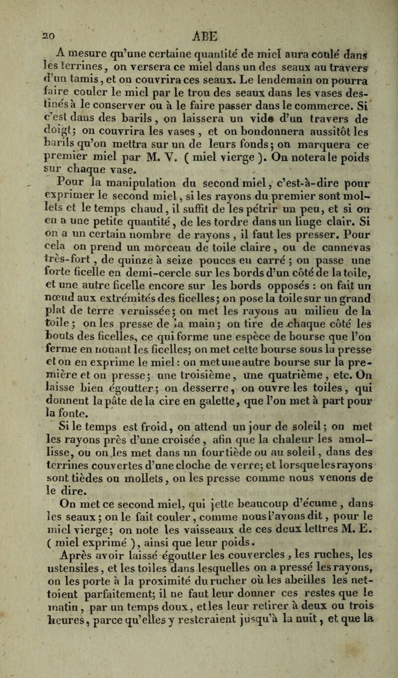 A mesure qu’une certaine quantité' de miel aura coule dans les terrines, on versera ce miel dans un des seaux au travers d’un tamis, et on couvrira ces seaux. Le lendemain on pourra faire couler le miel par le trou des seaux dans les vases des- tines à le conserver ou à le faire passer dans le commerce. Si c’est dans des barils, on laissera un vid® d’un travers de doigt; on couvrira les vases , et on bondonnera aussitôt les barils qu’on mettra sur un de leurs fonds ; on marquera ce premier miel par M. Y. ( miel vierge ). On notera le poids sur chaque vase. Pour la manipulation du second miel, c’est-à-dire pour exprimer le second miel, si les rayons du premier sont mol- lets et le temps chaud, il suffit de les pétrir un peu, et si on en a une petite quantité, de les tordre dans un linge clair. Si on a un certain nombre de rayons , il faut les presser. Pour cela on prend un morceau de toile claire , ou de cannevas très-fort, de quinze à seize pouces eu carré ; on passe une forte ficelle en demi-cercle sur les bords d’un côté de la toile, et une autre ficelle encore sur les bords opposés : on fait un nœud aux extrémités des ficelles; on pose la toile sur un grand plat de terre vernissée; on met les rayons au milieu de la toile; on les presse de la main; on tire de chaque côté les bouts des ficelles, ce qui forme une espèce de bourse que l’on ferme en nouant les ficelles; on met cette bourse sous la presse et on en exprime le miel: on met une autre bourse sur la pre- mière et on presse; une troisième, une quatrième, etc. On laisse bien égoutter ; on desserre, on ouvre les toiles, qui donnent la pâte de la cire en galette, que l’on met à part pour la fonte. Si le temps est froid, on attend un jour de soleil ; ou met les rayons près d’une croisée, afin que la chaleur les amol- lisse, ou on les met dans un four tiède ou au soleil, dans des terrines couvertes d’ane cloche de verre; et lorsquelesrayons sonttièdes ou mollets, on les presse comme nous venons de le dire. On met ce second miel, qui jette beaucoup d’écume , dans les seaux ; on le fait couler, comme nous l’avons dit, pour le miel vierge; on note les vaisseaux de ces deux lettres M. E. ( miel exprimé ), ainsi que leur poids. Après avoir laissé égoutter les couvercles , les ruches, les ustensiles, et les toiles dans lesquelles on a pressé les rayons, on les porte à la proximité du rucher où les abeilles les net- toient parfaitement; il ne faut leur donner ces restes que le matin , par un temps doux, et les leur retirer à deux ou trois heures, parce qu’elles y resteraient jusqu’à la nuit, et que la