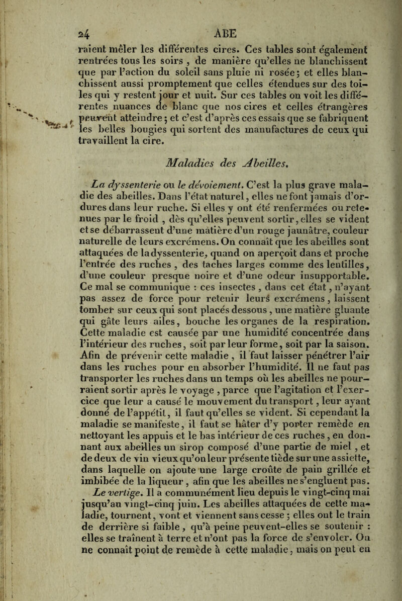 s4 ÀBE raient mêler les differentes cires. Ces tables sont egalement rentre'es tous les soirs , de manière qu’elles ne blanchissent que par Faction du soleil sans pluie ni rosée; et elles blan- chissent aussi promptement que celles étendues sur des toi- les qui y restent jour et nuit. Sur ces tables on voit les diffé- rentes nuances de blanc que nos cires et celles étrangères peurênt atteindre ; et c’est d’après ces essais que se fabriquent les belles bougies qui sortent des manufactures de ceux qui travaillent la cire. Maladies des Abeilles. La dyssenterie ou le dévoiement. C’est la plus grave mala- die des abeilles. Dans l’état naturel, elles 11efont jamais d’or- dures dans leur ruche. Si elles y ont été renfermées ou rete- nues par le froid , dès qu’elles peuvent sortir, elles se vident et se débarrassent d’une matière d’un rouge jaunâtre, couleur naturelle de leurs excrémens. On connaît que les abeilles sont attaquées de la dyssenterie, quand on aperçoit dans et proche l’entrée des ruches , des taches larges comme des lentilles, d’une couleur presque noire et d’une odeur insupportable. Ce mal se communique : ces insectes , dans cet état, n’ayant pas assez de force pour retenir leurs excrémens, laissent tomber sur ceux qui sont placés dessous , une matière gluante qui gâte leurs ailes, bouche les organes de la respiration. Cette maladie est causée par une humidité concentrée dans l’intérieur des ruches, soit parleur forme, soit par la saison. Afin de prévenir cette maladie , il faut laisser pénétrer l’air dans les ruches pour eu absorber l’humidité. Il ne faut pas transporter les ruches dans un temps où les abeilles ne pour- raient sortir après le voyage , parce que l’agitation et l’exer- cice que leur a causé le mouvement du transport, leur ayant donné de l’appétit, il faut qu’elles se vident. Si cependant la maladie se manifeste, il faut se liâter d’y porter remède en nettoyant les appuis et le bas intérieur de ces ruches, en don- nant aux abeilles un sirop composé d’une partie de miel , et de deux de vin vieux qu’onleur présente tiède sur une assiette, dans laquelle on ajoute une large croûte de pain grillée et imbibée de la liqueur , afin que les abeilles ne s’engluent pas. Le vertige. Il a communément lieu depuis le vingt-cinq mai jusqu’au vingt-cinq juin. Les abeilles attaquées de cette ma- ladie, tournent, vont et viennent sans cesse ; elles ont le train de derrière si faible , qu’à peine peuvent-elles se soutenir : elles se traînent à terre et 11’ont pas la force de s’envoler. On ne connaît point de remède à cette maladie, mais on peut en