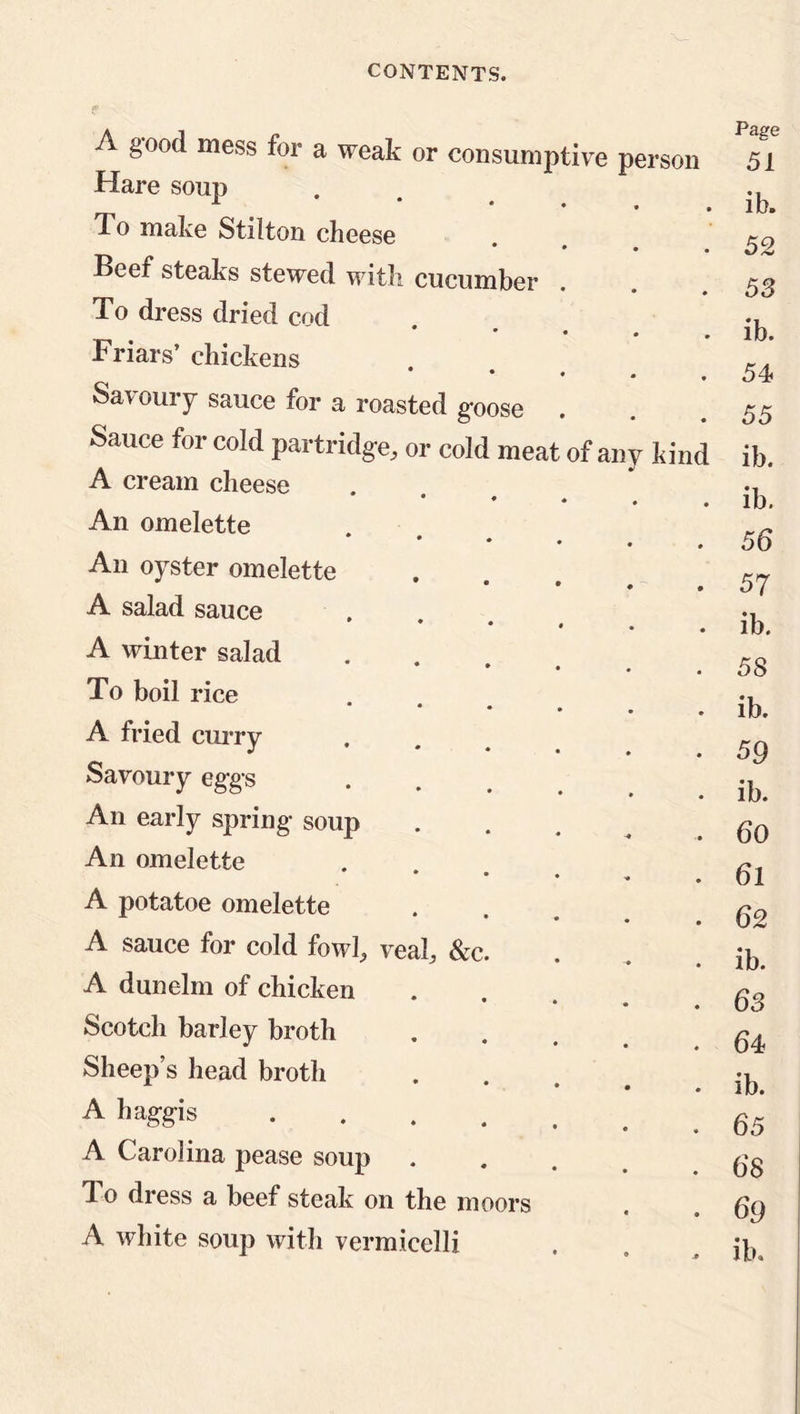 of any kind A good mess for a weak or consumptive person Hare soup To make Stilton cheese Beef steaks stewed with cucumber To dress dried cod Friars’ chickens • • Savoury sauce for a roasted goose Sauce for cold partridge., or cold meat A cream cheese An omelette An oyster omelette A salad sauce A winter salad To boil rice A fried curry Savoury eggs An early spring soup An omelette A potatoe omelette A sauce for cold fowl, veal, &c A dun elm of chicken Scotch barley broth Sheep’s head broth A haggis A Carolina pease soup To dress a beef steak on the moors A white soup with vermicelli Page 51 ib. 52 53 ib. 54 55 ib. ib. 56 57 ib. 58 ib. 59 ib. 60 61 62 ib. 63 64 ib. 65 68 6g ib.