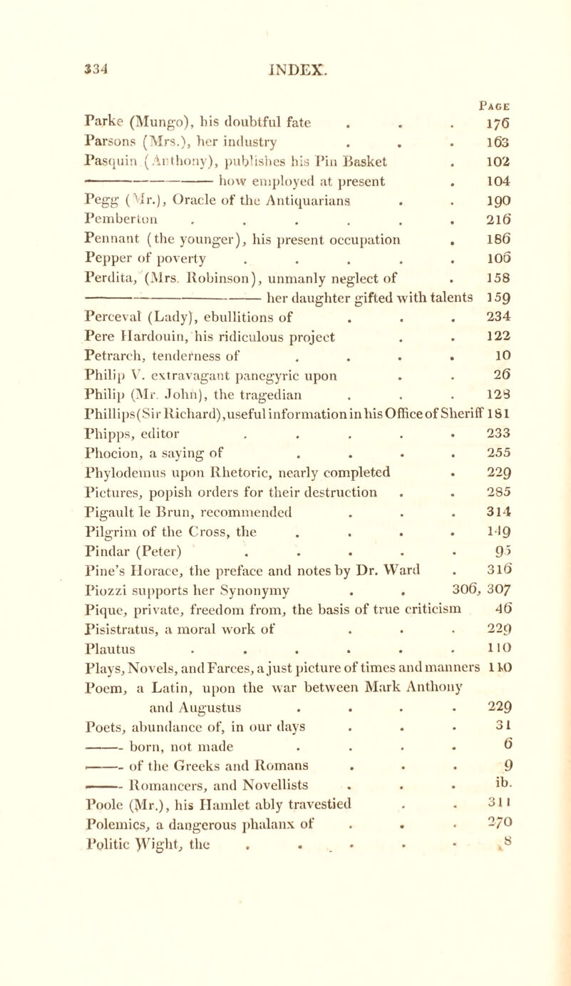 Page 1/6 163 102 104 190 216 186 100 158 159 234 122 10 26 128 Parke (Mungo), his doubtful fate Parsons (Mrs.), her industry Pasquin (Anthony), publishes his Pin Basket how employed at present Pegg ( vlr.), Oracle of the Antiquarians Pemberton ..... Pennant (the younger), his present occupation Pepper of poverty .... Perdita, (Mrs Robinson), unmanly neglect of her daughter gifted with talents Perceval (Lady), ebullitions of Pere Hardouin, his ridiculous project Petrarch, tenderness of ... Philip V . extravagant panegyric upon Philip (Mr. John), the tragedian Phillips(Sir Richard),useful information in his Office of Sheriff 181 Phipps, editor .... Phocion, a saying of ... Phylodemus upon Rhetoric, nearly completed Pictures, popish orders for their destruction Pigault le Brun, recommended Pilgrim of the Cross, the Pindar (Peter) .... Pine’s Horace, the preface and notes by Dr. Ward Piozzi supports her Synonymy . . Pique, private, freedom from, the basis of true criticism Pisistratus, a moral work of ... Plautus ...... Plays, Novels, and Farces, a just picture of times and manners Poem, a Latin, upon the war between Mark Anthony 233 255 229 285 314 M9 95 316 306, 307 46 22 9 110 no and Augustus • 229 Poets, abundance of, in our days . 31 born, not made . 6 of the Greeks and Romans • 9 - - Romancers, and Novellists ib. Poole (Mr.), his Hamlet ably travestied • 31 1 Polemics, a dangerous phalanx of • 2/0 Politic JViglit, the . . • S