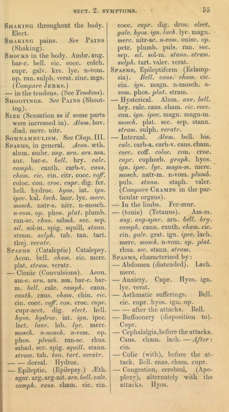 Shaking throughout the body. Elect. Shaking pains. See Pains (Shaking). Shocks in the body. Ambr. ang. bar-c. bell. cic. cocc. colcli. cupr. galv. kre. lyc. n-vom. op. ran. sulph. verat. zinc. mgs. (Compare Jerks.) — in the tendons. (See Tendons). Shootings. See Pains (Shoot- ing)- Size (Sensation as if some parts were increased in). Alum. bov. diad. mere. nitr. Somnambulism. See Chap. III. Spasms, in general. Aeon. seth. alum. ambr. ang. am. ars. asa. aur. bar-c. bell. bry. calc, camph. canth. carb-v. cans, chain, cic. cin. citr. cocc. coff. coloc. con. croc. cupr. dig. fer. hell, liydroc. hyos. iat. ign. ipec. kal. lach. laur. lyc. mere, mosch. natr-s. nitr. n-mosch. n-vom. op. phos. plumb, ran-sc. rhus. sabad. sec. sep. sil. sol-m. spig. squill, stann. stram. sulph. tab. tan. tart, thuj. veratr. Spasms (Cataleptic) Catalepsy. Aeon. bell, chain, cic. mere, plat, strain, veratr. — Clonic (Convulsions). Aeon, am-c. am. ars. asa. bar-c. bar- m. bell. calc, camph. cann. canth. caus. chain, chin. cic. cin. cocc. coff. con. croc. cupr. cupr-acet. dig. elect, hell. hyos. hydroc. iat. ign. ipec. lact. laur. lob. lyc. mere. mosch. n-mosch. n-vom. op. phos. plumb, ran-sc. rhus. sabad. sec. spig. squill, stann. strain, tab. tan. tart, veratr. dorsal, liydroc. — Epileptic. (Epilepsy.) .Eth. agar. arg. arg-nit. ars. bell. calc, camph. caus. cham. cic. cin. cocc. cupr. dig. dros. elect, galv. hyos. ign. lach. lyc. magn. mere, nitr-ac. n-vom. onisc. op. petr. plumb, puls. ran. sec. sep. sil. sol-m. stann. stram. sulph. tart, valer. verat. Spasms, Epileptiform (Eclamp- sia). Bell. caus. chain, cic. cin. ign. magn. n-mosch. n- vom. phos. plat, stram. — Hysterical. Alum. aur. bell. bry. calc. caus. cham. cic. cocc. con. ign. ipec. magn. magn-rn. mosch. plat. sec. sep. stann. stram. sulph. veratr. — Internal. Alum. bell. bis. calc, carb-a. carb-v. caus. cham. cocc. coff. coloc. con. croc. cupr. euphorb. graph, hyos. ign. ipec. lyc. magn-m. mere. mosch. natr-m. n-vom. plumb. puls, stann. staph, valer. {Compare Cramps in the par- ticular organs). — In the limbs. Fer-mur. — (tonic) (Tetanus). Am-m. ang. ang-spur. am, bell. bry. camph. cann. canth. cham. cic. cin. galv. grat. ign. ipec. lach. mere, mosch. n-vom. op. plat. rhus. sec. stann. strain. Spasms, characterized by: — Abdomen (distended). Lach. mere. — Anxiety. Cupr. Hyos. ign. lyc. verat. — Asthmatic sufferings. Bell, cic. cupr. hyos. ign. op. after the attacks. Bell. — Buffoonery (disposition to). Cupr. — Cephalalgia,before the attacks. Caus. cham. lach. — After: cin. — Colic (with), before the at- tack. Bell. caus. cham. cupr. — Congestion, cerebral, (Apo- plexy), alternately with the attacks. Hyos.