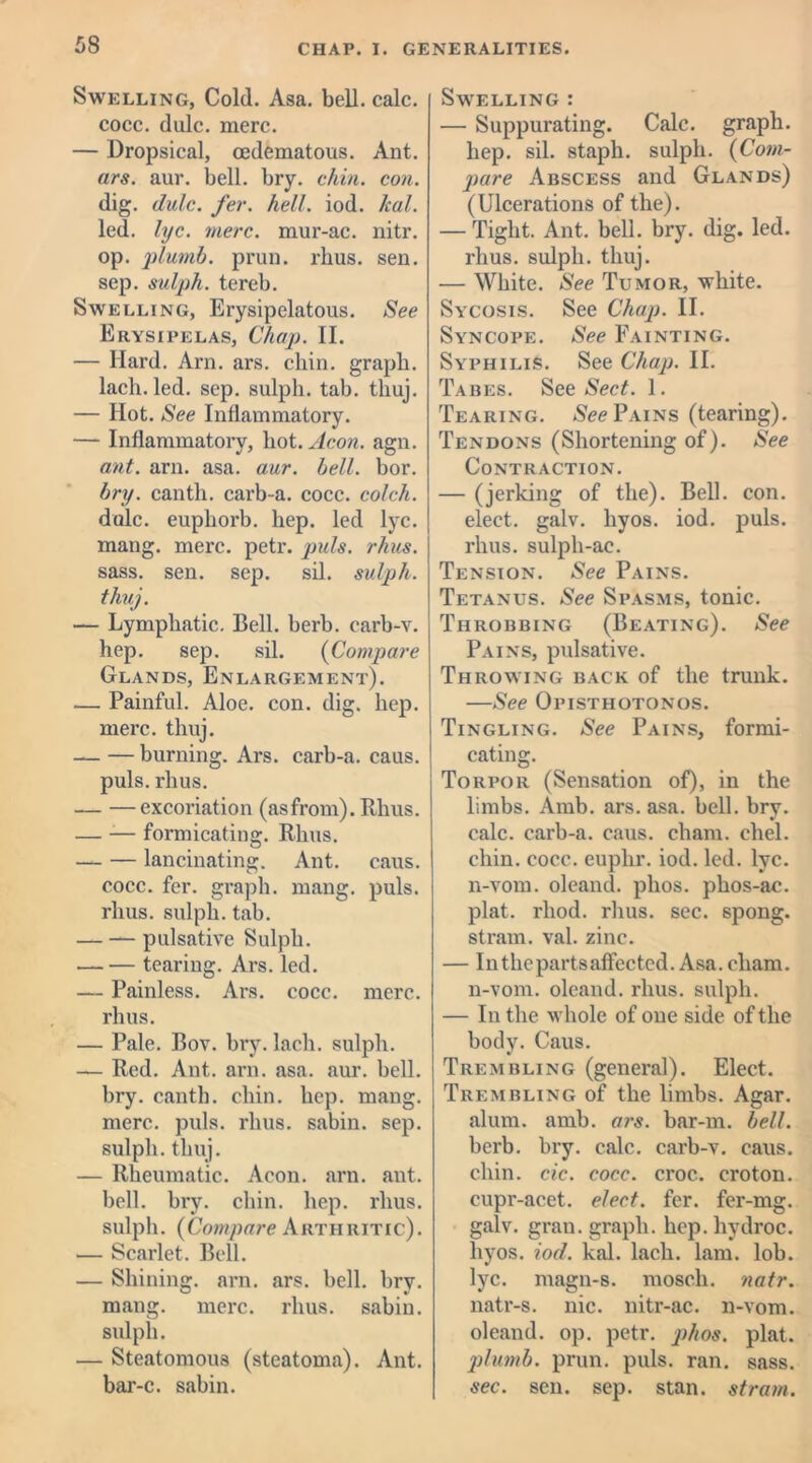 Swelling, Cold. Asa. bell. calc, cocc. dulc. mere. — Dropsical, cedematous. Ant. ars. aur. bell. bry. chin. con. dig. dulc. fer. hell. iod. leal. led. lyc. mere, mur-ac. nitr. op. plumb, prun. rhus. sen. sep. sulph. tereb. Swelling, Erysipelatous. See Erysipelas, Chap. II. — Hard. Arn. ars. chin, graph, lach. led. sep. sulph. tab. tliuj. — Hot. See Inflammatory. — Inflammatory, hot. Aeon. agn. ant. arn. asa. aur. bell. bor. bry. canth. carb-a. cocc. colch. dole, euphorb. hep. led lyc. mang. mere. petr. puls. rhus. sass. sen. sep. sil. sulph. thuj. — Lymphatic. Bell. herb, carb-v. hep. sep. sil. (Compare Glands, Enlargement). — Painful. Aloe. con. dig. hep. mere. thuj. — — burning. Ars. carb-a. caus. puls. rhus. — —excoriation (asfrom). Rhus. — — formicating. Rhus. — — lancinating. Ant. caus. cocc. fer. graph, mang. puls, rhus. sulph. tab. — — pulsative Sulph. tearing. Ars. led. — Painless. Ars. cocc. mere, rhus. — Pale. Bov. bry. lach. sulph. — Red. Ant. arn. asa. aur. bell, bry. canth. chin. hep. mang. mere. puls. rhus. sabin. sep. sulph. thuj. — Rheumatic. Aeon. arn. ant. bell. bry. chin. hep. rhus. sulph. (Compare Arthritic). — Scarlet. Bell. — Shining, arn. ars. bell. bry. mang. mere. rhus. sabin. sulph. — Steatomous (steatoma). Ant. bar-c. sabin. Swelling : — Suppurating. Calc, graph, hep. sil. staph, sulph. (Com- pare Abscess and Glands) (Ulcerations of the). — Tight. Ant. bell. bry. dig. led. rhus. sulph. thuj. — White. See Tumor, white. Sycosis. See Chap. II. Syncope. See Fainting. Syphilis. See Chap. II. Tabes. See Sect. 1. Tearing. See Pains (tearing). Tendons (Shortening of). See Contraction. — (jerking of the). Bell. con. elect, galv. liyos. iod. puls, rhus. sulph-ac. Tension. See Pains. Tetanus. See Spasms, tonic. Throbbing (Beating). See Pains, pulsative. Throwing back of the trunk. —See Opisthotonos. Tingling. See Pains, formi- cating. Torpor (Sensation of), in the limbs. Amb. ars. asa. bell. bry. calc, carb-a. caus. cham. chel. chin. cocc. euplxr. iod. led. lyc. n-vom. oleand. phos. phos-ac. plat. rhod. rhus. sec. spong. stram. val. zinc. — Intheparts affected. Asa. cham. n-vom. oleand. rhus. sulph. — In the whole of one side of the body. Caus. Trembling (general). Elect. Trembling of the limbs. Agar, alum. amb. ars. bar-m. bell. berb. bry. calc, carb-v. caus. chin. cic. cocc. croc, croton, cupr-acet. elect, fer. fer-mg. galv. gran, graph, hep. hydroc. liyos. iod. kal. lach. lam. lob. lyc. magn-s. mosch. natr. natr-s. nic. nitr-ac. n-vom. oleand. op. petr. y)hos. plat. plumb, prun. puls. ran. sass. sec. sen. sep. stan. stram.