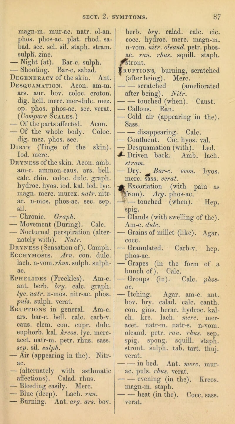 magn-m. mur-ac. natr. ol-an. phos. phos-ac. plat. rhod. sa- bad. sec. sel. sil. staph, stram. sulph. zinc. — Night (at). Bar-c. sulph. — Shooting. Bar-c. sabad. Degeneracy of the skin. Ant. Desquamation. Aeon. am-m. ars. aur. bov. coloc. croton, dig. hell. mere, mer-dulc. mez. op. phos. phos-ac. sec. verat. (Compare Scales.) — Of the parts affected. Aeon. — Of the whole body. Coloc. dig. mez. phos. sec. Dirty (Tinge of the skin). Iod. mere. Dryness of the skin. Aeon. amb. am-c. ammon-caus. ars. bell, calc. chin, coloc. dale, graph, hydroc. hyos. iod. kal. led. lyc. magn. mere, murex. natr. nitr- ac. n-mos. phos-ac. sec. sep. sil. — Chronic. Graph. — Movement (During). Calc. — Nocturnal perspiration (alter- nately with). Natr. Dryness (Sensation of). Camph. Ecchymosis. Am. con. dulc. lach. n-vom. rhus. sulph. sulph- ac. Ephelides (Freckles). Am-c. ant. berb. hry. calc, graph. lyc. natr. n-mos. nitr-ac. phos. puls, sulph. verat. Eruptions in general. Am-c. ars. bar-c. bell. calc, carb-v. caus. clem. con. cupr. dulc. euphorb. kal. kreos. lyc. merc- acet. natr-m. petr. rhus. sass. sep. sil. sulph. — Air (appearing in the). Nitr- ac. — (alternately with asthmatic affections). Calad. rhus. — Bleeding easily. Merc. — Blue (deep). Lach. ran. — Burning. Ant. ary. ars. bov. berb. hry. calad. calc. cic. cocc. hydroc. mere, magn-m. n-vom. nitr. oleand. petr. phos- ac. ran. rhus. squill, staph. jjl^stront. Eruptions, burning, scratched (after being). Merc. scratched (ameliorated after being). Nitr. touched (when). Caust. ■— Callous. Ran. — Cold air (appearing in the). Sass. disappearing. Calc. — Confluent. Cic. hyos. val. —r Desquamation (with). Led. A- Driven back. Amb. lach. stram. — Dry. ^ Bar-c. evon. hyos. mere. sass. verat. -gt Excoriation (with pain as prom). Ary. phos-ac. —— touched (when). Hep. spig. — Glands (with swelling of the). Am-c. dulc. — Grains of millet (like). Agar, cocc. — Granulated. Carb-v. hep. phos-ac. — Grapes (in the form of a bunch of). Calc. — Groups (in). Calc, phos- ac. — Itching. Agar. am-c. ant. bov. bry. calad. calc, canth. con. gins, herac. hydroc. kal- ch. kre. lach. mere, mer- acet. natr-m. natr-s. n-vom. oleand. petr. ran. rhus. sep. spig. spong. squill, staph, stront. sulph. tab. tart. thuj. verat. in bed. Ant. mere, mur- ac. puls. rhus. verat. evening (in the). Kreos. magn-m. staph. heat (in the). Cocc. sass. verat.