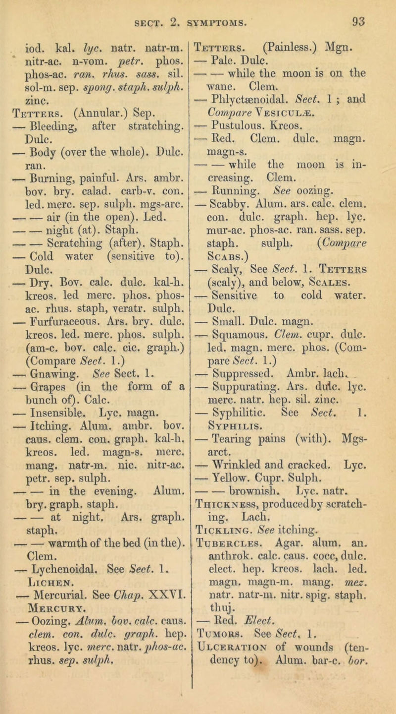 iod. kal. lyc. natr. natr-m. nitr-ac. n-vom. petr. phos. phos-ac. ran. rhus. sass. sil. sol-rn. sep. spong. staph, sulph. zinc. Tetters. (Annular.) Sep. — Bleeding, after stratcbing. Dulc. — Body (over the whole). Dulc. ran. — Burning, painful. Ars. ambr. bov. bry. calad. carb-v. con. led. mere. sep. sulph. mgs-arc. air (in the open). Led. night (at). Staph. Scratching (after). Staph. — Cold water (sensitive to). Dulc. — Dry. Bov. calc. dulc. kal-li. kreos. led mere. phos. phos- ac. rims, staph, veratr. sulph. — Furfuraceous. Ars. brv. dulc. kreos. led. mere. phos. sulph. (am-c. bov. calc. cic. graph.) (Compare Sect. 1.) — Gnawing. See Sect. 1. — Grapes (in the form of a bunch of). Calc. — Insensible. Lyc. magn. — Itching. Alum. ambr. bov. caus. clem. con. graph, kal-li. kreos. led. magn-s. mere, mang. natr-m. nic. nitr-ac. petr. sep. sulph. in the evening. Alum. bry. graph, staph. at night. Ars. graph. staph. warmth of the bed (in the). Clem. — Lyehenoidal. See Sect. 1. Lichen. — Mercurial. See Chap. XXYI. Mercury. — Oozing. Alum. bov. calc. caus. clem. con. dulc. graph, hep. kreos. lyc. mere. natr. phos-ac. rhus. sep. sulj)h. Tetters. (Painless.) Mgn. — Pale. Dulc. while the moon is on the wane. Clem. — Phlyctsenoidal. Sect. 1 ; and Compare Vesicul^e. — Pustulous. Kreos. — Red. Clem. dulc. magn. magn-s. while the moon is in- creasing. Clem. — Running. See oozing. — Scabby. Alum. ars. calc. clem, con. dulc. graph, hep. lyc. mur-ac. phos-ac. ran. sass. sep. staph. sulph. (Compare Scabs.) — Scaly, See Sect. 1. Tetters (scaly), and below. Scales. — Sensitive to cold water. Dulc. — Small. Dulc. magn. — Squamous. Clem. cupr. dulc. led. magn. mere. phos. (Com- pare Sect. 1.) — Suppressed. Ambr. lach. — Suppurating. Ars. dulc. lyc. mere. natr. hep. sil. zinc. — Syphilitic. See Sect. 1. Syphilis. — Tearing pains (with). Mgs- arct. — Wrinkled and cracked. Lyc. — Yellow. Cupr. Sulph. brownish. Lyc. natr. Thickness, produced by scratch- ing. Lach. Tickling. See itching. Tubercles. Agar. alum. an. anthrok. calc. caus. cocc, dulc. elect, hep. kreos. lach. led. magn. magn-m. mang. mes. natr. natr-m. nitr. spig. staph, thuj. — Red. Elect. Tumors. See Sect. 1. Ulceration of wounds (ten- dency to). Alum, bar-c. hor.