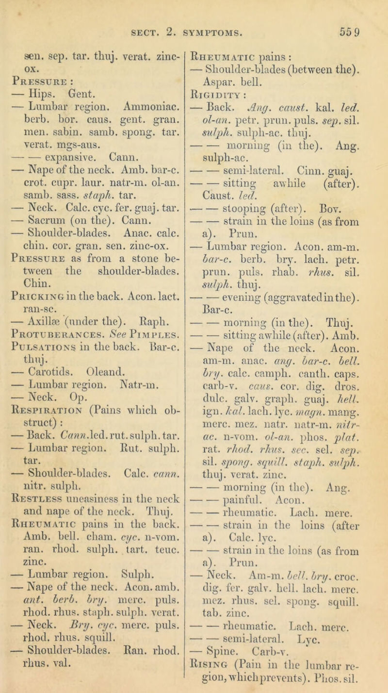 sen. sep. tar. thuj. verat. zinc- ox. Pressure : — Hips. Gent. — Lumbar region. Ammoniac, berb. bor. caus. gent. gran, men. sabin. samb. spong. tar. verat. mgs-aus. expansive. Cann. — Nape of the neck. Amb. bar-c. crot. cupr. laur. natr-m. ol-an. samb. sass. staph, tar. — Neck. Calc. eye. fer. guaj. tar. — Sacrum (on the). Cann. — Shoulder-blades. Anac. calc, chin. cor. gran. sen. zinc-ox. Pressure as from a stone be- tween the shoulder-blades. Chin. Pricking in the back. Aeon. lact. ran-sc. — Axillae (under the). Raph. Protuberances. See Pimples. Pulsations in the back. Bar-c. thuj. — Carotids. Oleand. — Lumbar region. Natr-m. — Neck. Op. Respiration (Pains which ob- struct) : — Back. C«n«.led. rut. sulph. tar. — Lumbar region. Rut. sulph. tar. — Shoulder-blades. Calc. cann. nitr. sulph. Restless uneasiness in the neck and nape of the neck. Thuj. Rheumatic pains in the back. Amb. bell, chain, eye. n-vom. ran. rliod. sulph. tart. teuc. zinc. — Lumbar region. Sulph. — Nape of the neck. Aeon. amb. ant. berb. bry. mere. puls, rliod. rhus. staph, sulph. verat. — Neck. Bry. eye. mere. puls, rhod. rhus. squill. — Shoulder-blades. Ran. rhod. rhus. val. Rheumatic pains: — Shoulder-blades (between the). Aspar. bell. Rigidity : — Back. Any. caust. kal. led. ol-an. petr. prun. puls. sep. sil. sulph. sulpli-ac. thuj. morning (in the). Ang. sulpli-ac. semi-lateral. Cinn. guaj. sitting awhile (after). Caust. led. ■ stooping (after). Bov. strain in the loins (as from a). Prun. — Lumbar region. Aeon. am-m. bar-c. berb. bry. lacli. petr. prun. puls. rhab. rhus. sil. sulph. thuj. evening (aggravated in the). Bar-c. morning (in the). Thuj. sitting awhile (after). Amb. — Nape of the neck. Aeon, am-m. anac. any. bar-c. bell, bry. calc, camph. cantli. caps, carb-v. caus. cor. dig. dros. dulc. galv. graph, guaj. hell. ign. leal, lacli. lyc. mayn. mang. mere. mcz. natr. natr-m. nitr- ac. n-vom. ol-an. phos. jrlat. rat. rhod. rhus. sec. sel. sep. sil. spony. squill, staph, sulph. thuj. verat. zinc. morning (in the). Ang. painful. Aeon. rheumatic. Lach. mere. strain in the loins (after a). Calc. lyc. strain in the loins (as from a). Prun. — Neck. Am-m. bell. bry. croc, dig. fer. galv. hell. lach. mere, mez. rhus. sel. spong. squill, tab. zinc. rheumatic. Lach. mere. semi-lateral. Lyc. — Spine. Carb-v. Rising (Pain in the lumbar re- gion, which prevents). Phos. sil.