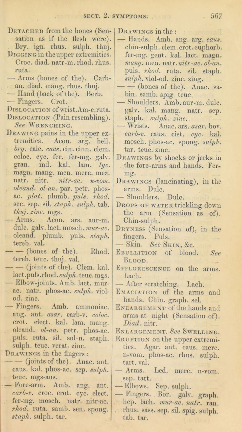 Detached from the bones (Sen- sation as if the flesh were). Bry. ign. rhus. sulph. thuj. Digging in the upper extremities. Croc. diad. natr-m. rliod. rhus. ruta. — Arms (bones of the). Carb- an. diad. mang. rhus. thuj. — Hand (back of the). Berb. — Fingers. Crot. Dislocation of wrist. Am-c. ruta. Dislocation (Pain resembling). See Wrenching. Drawing pains in the upper ex- tremities. Aeon. arg. bell. bry. calc. caus. cin. cinn. clem, coloc. eye. fer. fer-mg. galv. gran. ind. kal. lam. lye. magn. mang. men. mere. mez. natr. nitr. nitr-ac. n-vom. oleand. ol-an. par. petr. phos- ac. plat, plumb, puls, rliod. sec. sep. sil. staph, sulph. tab. thuj. zinc. mgs. — Arms. Aeon. ars. aur-m. dulc. galv. lact. mosch. mur-ac. oleand. plumb, puls, staph. tereb. val. (bones of the). Rliod. tereb. teuc. thuj. val. (joints of the). Clem. kal. lact.puls.rhod. sulph. teuc. mgs. — Elbow-joints. Amb. lact. mur- ac. natr. phos-ac. sulph. viol- od. zinc. — Fingers. Amb. ammoniac, ang. ant. asar. carb-v. coloc. crot. elect, kal. lam. mang. oleand. ol-an. petr. phos-ac. puls. ruta. sil. sol-11, staph, sulph. teuc. verat. zinc. Drawings in the fingers : (joints of the). Anac. ant. . caus. kal. phos-ac. sep. sulph. teuc. mgs-aus. :— Fore-arm. Amb. ang. ant. carb-v. croc. crot. eye. elect, fer-mg. mosch. natr. nitr-ac. rhod. ruta. samb. sen. spong. staph, sulph. tar. Drawings in the : — Hands. Amb. ang. arg. cans. chin-sulph. clem. crot. enphorb. fer-mg. gent. kal. lact. magn. many. men. natr.nitr-ac. ol-an. puls. rhod. ruta. sil. staph. sulph. viol-od. zinc. zing. (bones of the). Anac. sa- bin. samb. spig teuc — Shoulders. Amb. aur-m. dulc. galv. kal. mang. natr. sep. staph, sulph. zinc. — Wrists. Anac. ars. asar. bov. carb-v. caus. cist. eye. kal. mosch. phos-ac. spong. sulph. tar. teuc. zinc. Drawings by shocks or jerks in the fore-arms and hands. Fer- mg. Drawings (lancinating), in the arms. Dulc. — Shoulders. Dulc. Drops of water trickling down the arm (Sensation as of). Chin-sulph. Dryness (Sensation of), in the fingers. Puls. — Skin. See Skin, &c. Ebullition of blood. See Blood. Efflorescence on the arms. Each. — After scratching. Each. Emaciation of the arms and hands. Chin, graph, sel. Enlargement of the hands and arms at night (Sensation of). Diad. nitr. Enlargement. See Swelling. Eruption on the upper extremi- ties. Agar. ant. caus. mere, n-vom. phos-ac. rhus. sulph. tart. val. — Arms. Led. mere. 11-vom. sep. tart. — Elbows. Sep. sulph. — Fingers. Bor. galv. graph, hep. lacli. mur-ac. natr. ran. rhus. sass. sep. sil. spig. sulph. tab. tar.
