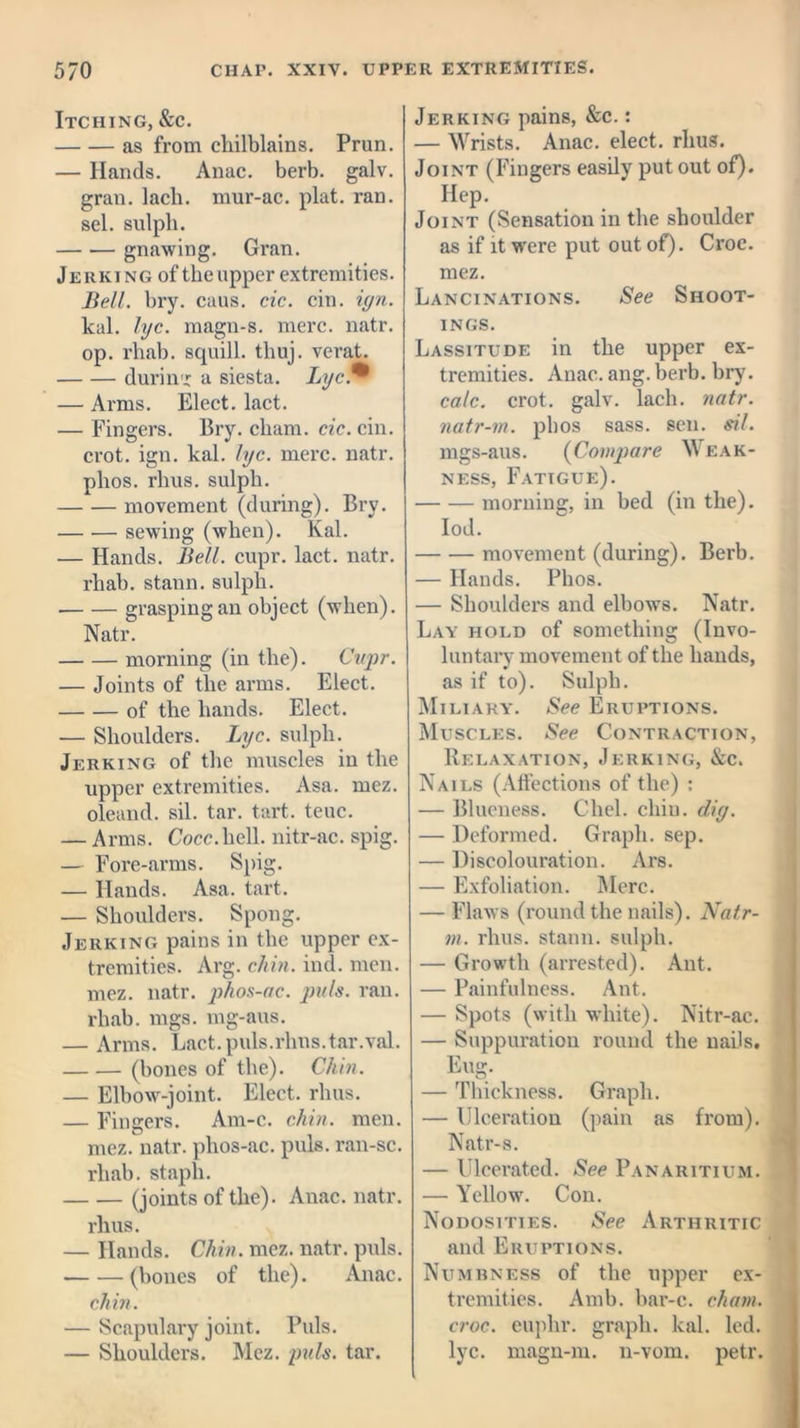 Itching, &c. as from chilblains. Prun. — Hands. Anac. berb. galv. gran, lacli. mur-ac. plat. ran. sel. sulpli. gnawing. Gran. Jerking of the upper extremities. Bell. bry. cans. cic. cin. ign. kal. lye. magn-s. mere. natr. op. rhab. squill, thuj. verat. during a siesta. Lyc — Arms. Elect, lact. — Fingers. Bry. cham. cic. cin. crot. ign. kal. lyc. mere. natr. plios. rhus. sulpli. movement (during). Bry. sewing (when). Kal. — Hands. Bell. cupr. lact. natr. rhab. stalln. sulpli. grasping an object (when). Natr. morning (in the). Cupr. — Joints of the arms. Elect. of the hands. Elect. — Shoulders. Lyc. sulpli. Jerking of the muscles in the upper extremities. Asa. mcz. oleand. sil. tar. tart. teuc. — Arms. Cocc.hell, nitr-ac. spig. — Fore-arms. Spig. — Hands. Asa. tart. — Shoulders. Spong. Jerking pains in the upper ex- tremities. Arg. chin. ind. men. mez. natr. phos-ac. puls. ran. rhab. mgs. mg-aus. — Arms. Lact. puls.rhus.tar.val. (bones of the). Chin. — Elbow-joint. Elect, rhus. — Fingers. Am-c. chin. men. mez. natr. phos-ac. puls, ran-sc. rhab. staph. (joints of the). Anac. natr. rhus. — Hands. Chin. mez. natr. puls. (bones of the). Anac. chin. — Scapulary joint. Puls. — Shoulders. Mez. puls. tar. Jerking pains, &c.: — Wrists. Anac. elect, rhus. Joint (Fingers easily put out of). Hep. Joint (Sensation in the shoulder as if it were put out of). Croc, mez. Lancinations. See Shoot- ings. Lassitude in the upper ex- tremities. Anac. ang. berb. bry. calc. crot. galv. lacli. natr. natr-m. plios sass. sen. sil. mgs-aus. (Compare Weak- ness, Fatigue). morning, in bed (in the). Iod. movement (during). Berb. — Hands. Plios. — Shoulders and elbows. Natr. Lay hold of something (Invo- luntary movement of the hands, as if to). Sulpli. Miliary. See Eruptions. Muscles. See Contraction, Relaxation, Jerking, &c. Nails (Affections of the) : — Blueness. Chel. chin. dig. — Deformed. Graph, sep. — Discolouration. Ars. — Exfoliation. Merc. — Flaws (round the nails). Natr- m. rhus. statin, sulpli. — Growth (arrested). Ant. — Painfulness. Ant. — Spots (with white). Nitr-ac. — Suppuration round the nails. Eug. — Thickness. Graph. — Ulceration (pain as from). Natr-s. — Ulcerated. See Panaritium. — Yellow. Con. Nodosities. See Arthritic and Eruptions. Numbness of the upper ex- tremities. Amb. bar-c. chain, croc, euplir. graph, kal. led. lyc. magn-m. n-vom. petr.