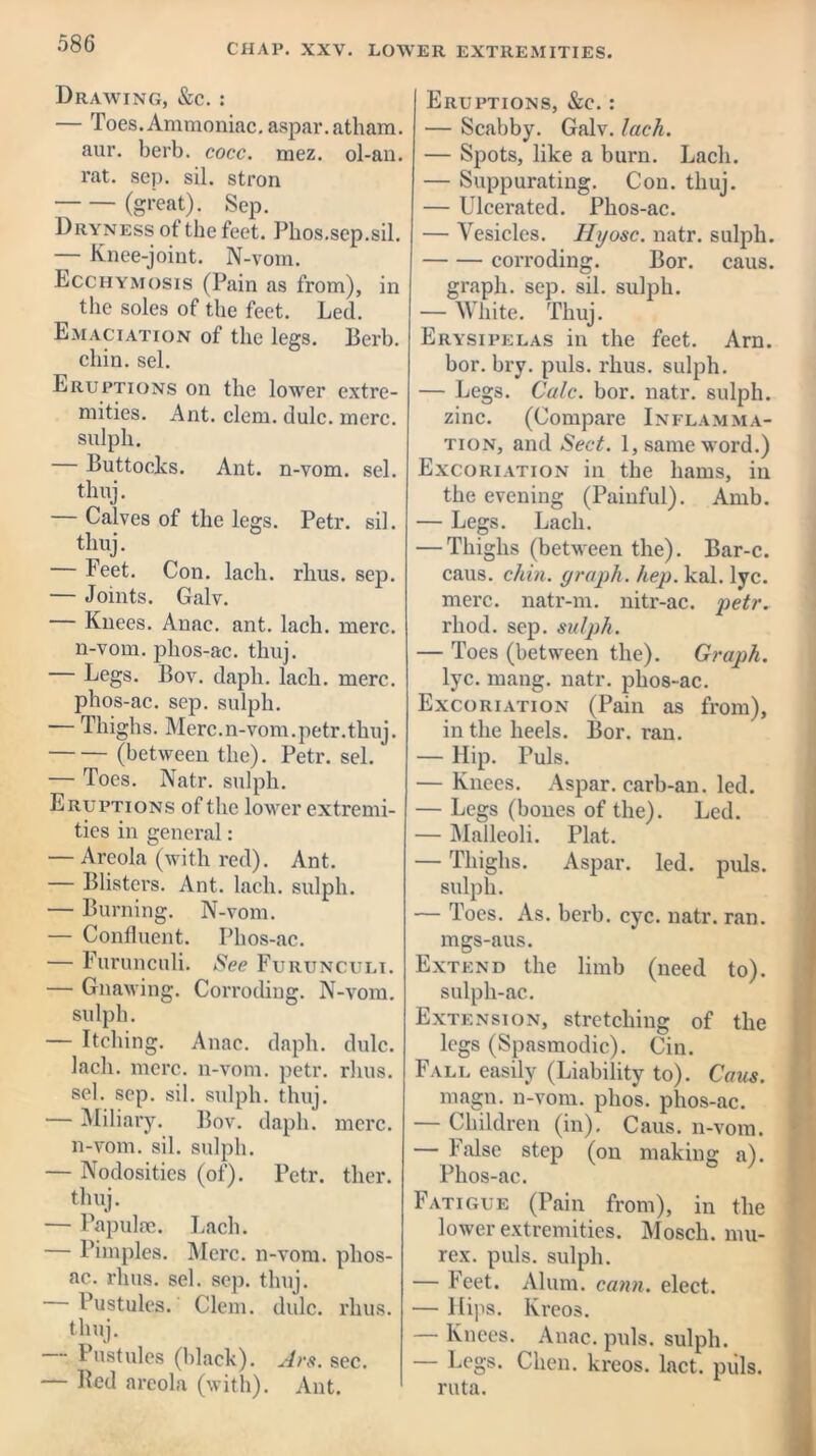 Drawing, &c. : — Toes. Ammoniac, aspar.atliam. aur. berb. cocc. mez. ol-an. rat. sep. sil. stron (great). Sep. Dryness of the feet. Phos.sep.sil. — Knee-joint. N-vom. Ecchymosis (Pain as from), in the soles of the feet. Led. Emaciation of the legs. Berb. chin. sel. Eruptions on the lower extre- mities. Ant. clem. dulc. mere, sulph. — Buttocks. Ant. n-vom. sel. thnj. — Calves of the legs. Petr. sil. thuj. Feet. Con. lach. rlius. sep. — Joints. Galv. Knees. Anae. ant. lach. mere, n-vom. phos-ac. thuj. — Legs. Bov. daph. lach. mere, phos-ac. sep. sulph. — Thighs. Merc.n-vom.petr.thuj. (between the). Petr. sel. — Toes. Natr. sulph. Eruptions of the lower extremi- ties in general: — Areola (with red). Ant. — Blisters. Ant. lach. sulph. — Burning. N-vom. — Confluent. Phos-ac. — Furunculi. See Furunculi. — Gnawing. Corroding. N-vom. sulph. — Itching. Anac. daph. dulc. lach. mere, n-vom. petr. rhus. sel. sep. sil. sulph. thuj. — Miliary. Bov. daph. mere, n-vom. sil. sulph. — Nodosities (of). Petr, tlier. thuj. — Papulae. Lach. — Pimples. Merc, n-vom. phos- ac. rhus. sel. sep. thuj. - Pustules. Clem. dulc. rhus. thuj. — Pustules (black). At sec. — Bed areola (with). Ant. Eruptions, &c. : — Scabby. Galv. lack. — Spots, like a burn. Lach. — Suppurating. Con. thuj. — Ulcerated. Phos-ac. — Vesicles. Hyosc. natr. sulph. corroding. Bor. caus. graph, sep. sil. sulph. — White. Thuj. Erysipelas in the feet. Arn. bor. bry. puls. rhus. sulph. — Legs. Calc. bor. natr. sulph. zinc. (Compare Inflamma- tion, and Sect. 1, same word.) Excoriation in the hams, in the evening (Painful). Amb. — Legs. Lach. — Thighs (between the). Bar-c. caus. chin, graph, hep. kal. lyc. mere, natr-m. nitr-ac. petr. rhod. sep. sulph. — Toes (between the). Graph. lyc. mang. natr. phos-ac. Excoriation (Pain as from), in the heels. Bor. ran. — Hip. Puls. — Knees. Aspar. carb-an. led. — Legs (bones of the). Led. — Malleoli. Plat. — Thighs. Aspar. led. puls, sulph. — Toes. As. berb. eye. natr. ran. mgs-aus. Extend the limb (need to), sulph-ac. Extension, stretching of the legs (Spasmodic). Cin. Fall easily (Liability to). Caus. magn. n-vom. phos. phos-ac. — Children (in). Caus. n-vom. — False step (on making a). ^ Phos-ac. Fatigue (Pain from), in the lower extremities. Moscli. mu- rex. puls, sulph. — Feet. Alum. cann. elect. — Hips. Kreos. — Knees. Anac. puls, sulph. — Legs. Chen, kreos. lact. puls, ruta.