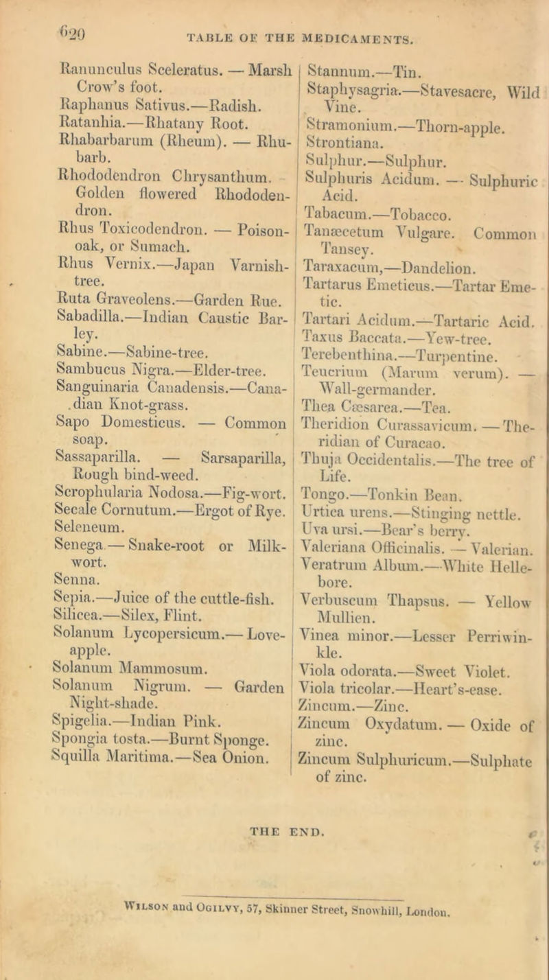 (5 20 TABLE OE THE MEDICAMENTS. Ranunculus Sceleratus. — Marsh Crow’s foot. Raphanus Sativus.—Radish. Ratanhia.—Rhatany Root. Rhabarbarum (Rheum). — Rhu- barb. Rhododendron Chrysanthum. Golden flowered Rhododen- dron. Rhus Toxicodendron. — Poison- oak, or Sumach. Rhus Vernix.—Japan Varnish- tree. Ruta Graveolens.—Garden Rue. Sabadilla.—Indian Caustic Bar- ley. Sabine.—Sabine-tree. Sambucus Nigra.—Elder-tree. Sanguinaria Canadensis.—Cana- dian Knot-grass. Sapo Domestieus. — Common soap. Sassaparilla. — Sarsaparilla, Rough bind-weed. Scrophularia Nodosa.—Fig-wort. Secale Cornutum.—Ergot of Rye. Seleneum. Senega — Snake-root or Milk- wort. Senna. Sepia.—Juice of the cuttle-fish. Silicca.—Silex, Flint. Solanum Lycopersicum.— Love- apple. Solanum Mammosum. Solanum Nigrum. — Garden Night-shade. Spigelia.—Indian Pink. Spongia tosta.—Burnt Sponge. Squilla Maritima.—Sea Onion. Stannum.—Tin. Staphysagria.—Stavesacre, Wild Vine. Stramonium.—Thorn-apple. Strontiana. Sulphur.—Sulphur. Sulphuris Acid urn. — Sulphuric Acid. Tabacum.—Tobacco. Tan aece turn Vulgare. Common lansey. Taraxacum,—Dandelion. Tartarus Emeticus.—Tartar Eme- tic. Tartari Acidum.—Tartaric Acid. lax us Baccata.—Yew-tree. Terebentliina.—Turpentine. Teucrium (Mavum verum). — Wall-germander. Thea Caesarea.—Tea. Theridion Curassavicum.—The- ridian of Curacao. Thuja Oecidcntalis.—The tree of Life. Tongo.—Tonkin Bean. Urtica urens.—Stinging nettle. Lva ursi.—Bear's berry. A aleriana Officinalis. — Valerian. Veratrum Album.—White Helle- bore. Verbuscum Thapsus. — Yellow Mullien. Vinea minor.—Lesser Perriwin- kle. Viola odorata.—Sweet Violet. Viola tricolar.—Heart’s-ease. Zincum.—Zinc. Zincuni Oxydatum. — Oxide of [ zinc. Zincum Sulphuricum.—Sulphate of zinc. THE END. cs Wilson and Ogilvy, 57, Skinner Street, Snowhill, London.