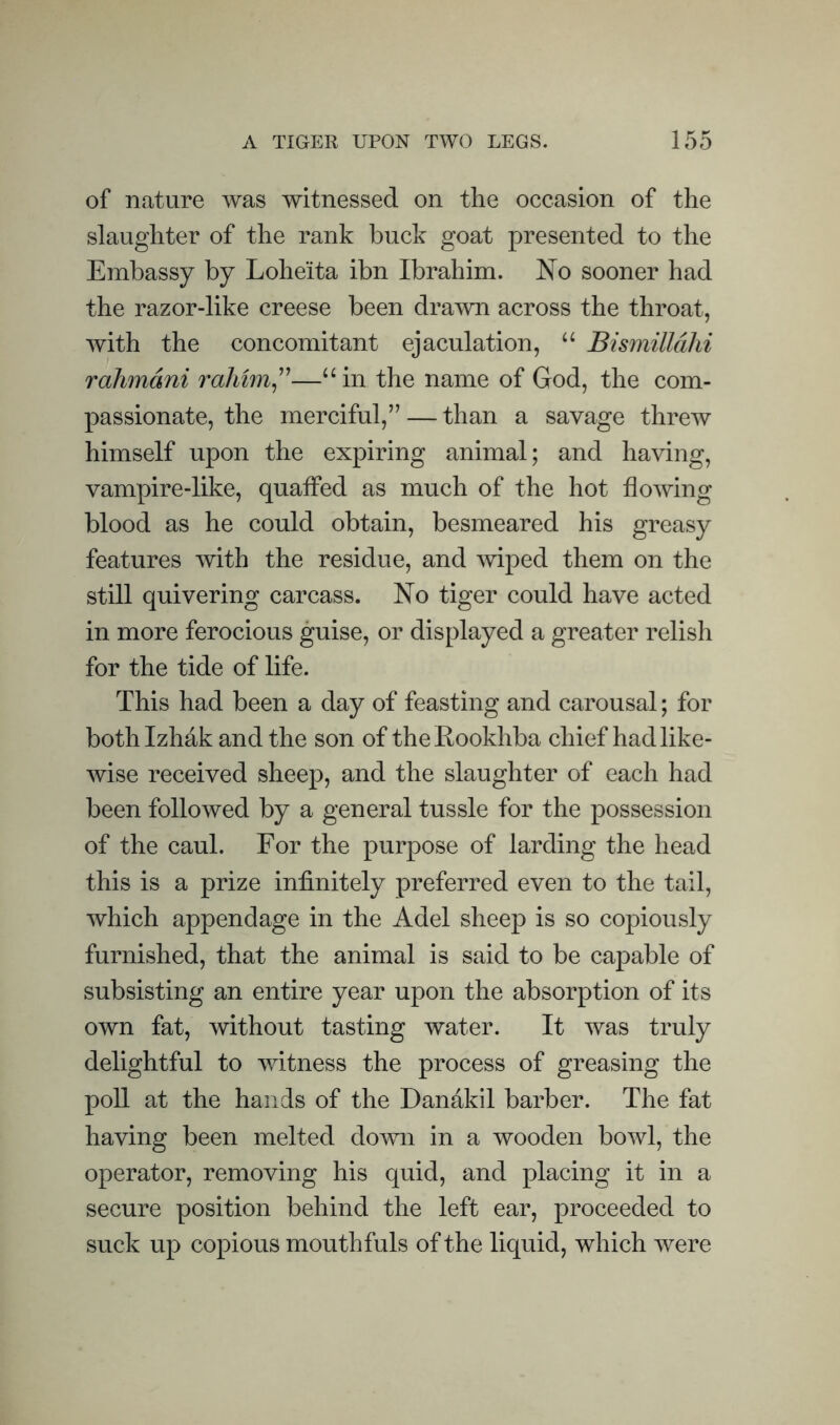 of nature was witnessed on the occasion of the slaughter of the rank buck goat presented to the Embassy by Loheita ibn Ibrahim. No sooner had the razor-like creese been drawn across the throat, with the concomitant ejaculation, “ Bismilldhi rahmdni —“in the name of God, the com¬ passionate, the merciful,” — than a savage threw himself upon the expiring animal; and having, vampire-like, quaffed as much of the hot flowing blood as he could obtain, besmeared his greasy features with the residue, and wiped them on the still quivering carcass. No tiger could have acted in more ferocious guise, or displayed a greater relish for the tide of life. This had been a day of feasting and carousal; for both Izhak and the son of theKookhba chief had like¬ wise received sheep, and the slaughter of each had been followed by a general tussle for the possession of the caul. For the purpose of larding the head this is a prize infinitely preferred even to the tail, which appendage in the Adel sheep is so copiously furnished, that the animal is said to be capable of subsisting an entire year upon the absorption of its own fat, without tasting water. It was truly delightful to witness the process of greasing the poll at the hands of the Dandkil barber. The fat having been melted down in a wooden bowl, the operator, removing his quid, and placing it in a secure position behind the left ear, proceeded to suck up copious mouthfuls of the liquid, which were