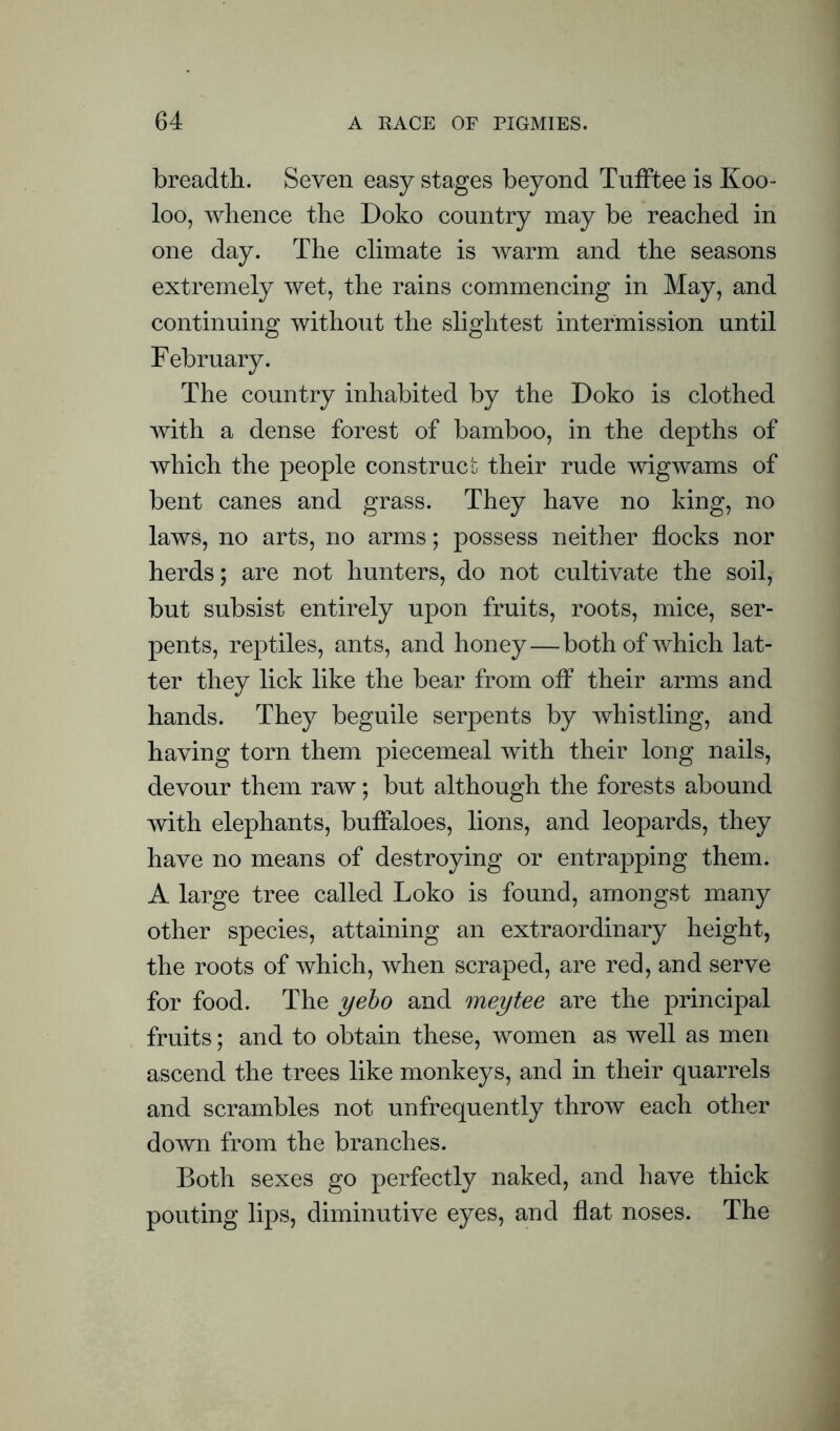 breadth. Seven easy stages beyond TufFtee is Koo- loo, whence the Doko country may be reached in one day. The climate is warm and the seasons extremely wet, the rains commencing in May, and continuing without the slightest intermission until February. The country inhabited by the Doko is clothed with a dense forest of bamboo, in the depths of which the people construct their rude wigwams of bent canes and grass. They have no king, no laws, no arts, no arms; possess neither flocks nor herds; are not hunters, do not cultivate the soil, but subsist entirely upon fruits, roots, mice, ser- pents, reptiles, ants, and honey—both of which lat- ter they lick like the bear from off their arms and hands. They beguile serpents by whistling, and having torn them piecemeal with their long nails, devour them raw; but although the forests abound with elephants, buffaloes, lions, and leopards, they have no means of destroying or entrapping them. A large tree called Loko is found, amongst many other species, attaining an extraordinary height, the roots of which, when scraped, are red, and serve for food. The yebo and meytee are the principal fruits; and to obtain these, women as well as men ascend the trees like monkeys, and in their quarrels and scrambles not unfrequently throw each other down from the branches. Both sexes go perfectly naked, and have thick pouting lips, diminutive eyes, and flat noses. The