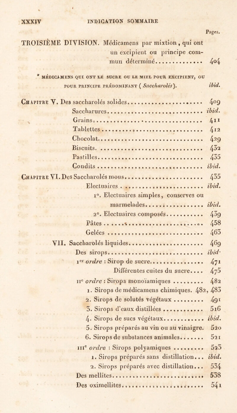 Pages. TROISIÈME DIVISION. Médicamens par mixtion , qui ont un excipient ou principe com- mun déterminé 4°4 * MÉDICAMENS QUI ONT UE SUCRE OU UE MIEU TOUR EXCIPIENT, OU tour principe prédominant ( Saccharolés). ibid. Chapitre V. Des saccharolés solides Saccharures Orains, Tablettes Chocolat Biscuits Paslill es Condils 4o9 ibid. 411 412 429 432 435 ibid. Chapitre VI. Des Saccharolés mous . 435 Electuaires . ibid. i°. Electuaires simples, conserves ou marmelades .....* ibid. 20. Electuaires composés» 4^9 Pâtes v 458 Gelées 4^3 VU. Saccharolés liquides 4^9 Des sirops ibid* 1e1' ordre : Sirop de sucre 471 Différentes cuites du sucre.... 475 11e ordre : Sirops monoïamiques ......... 4^2 1. Sirops de médicamens chimiques. 482, 4^3 2. Sirops de solutés végétaux 491 3. Sirops d’eaux distillées 5i6 4. Sirops de sucs végétaux ibid. 5. Sirops préparés au vin ou au vinaigre. 520 6. Sirops de substances animales 521 111e ordre : Sirops polyamiques 523 1. Sirops préparés sans distillation... ibid. 2. Sirops préparés avec distillation... 534 Des mellites. 538 Des oximelhtes«J 41