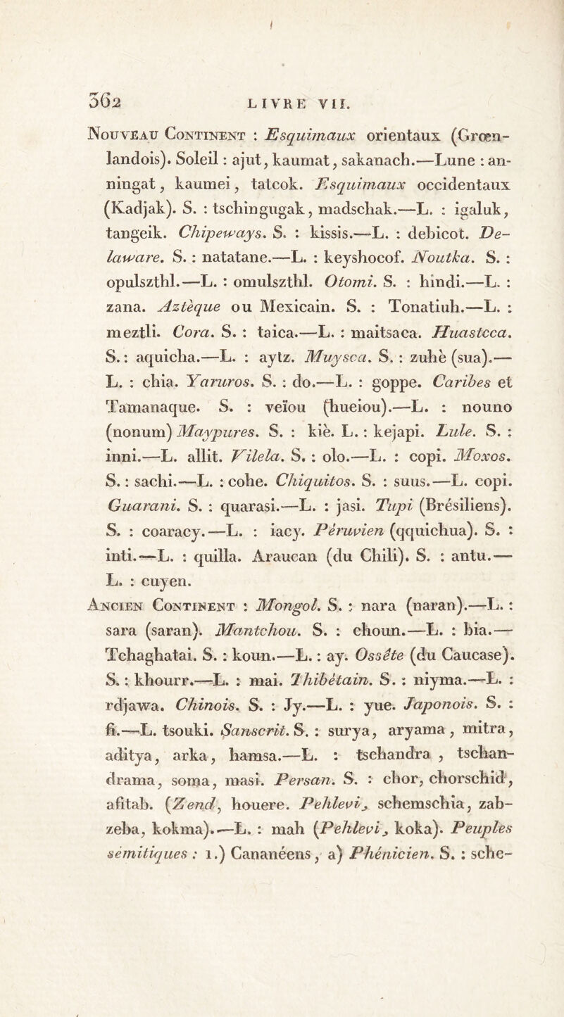 562 LIVKE YIL Nouveau Continent : Esquimaux orientaux (Green- lanclois). Soleil : ajut, kaurnat, sakanach.—Lune : an- ningat, kaumei, tatcok. Esquimaux occidentaux (Kadjak). S. : tschingugak, madschak.—L. : igaluk, tangeik. Chipeways. S. : kissis.—-L. : debicot. De- laware. S. : natatane.—L. : keyshocof. Noutka. S. : opulszthl.—L. : omulsztbl. Otomi. S. : hindi.—L. : zana. Aztèque ou Mexicain. S. : Tonatiuh.—L. : meztli* Cora. S. : taica.—L. : maitsaca. Huastcca. S.: aquiclia.—L. : aytz. Muysca. S.: zuhè (sua).— L. : chia. Yaruros. S. : do.—L. : goppe. Caribes et Tamanaque. S. : veïou (hueiou).—L. : nouno (nonum) May pur es. S. : Lie. L. : kejapi. Lule. S. : inni.—L. allit. Vilela. S. : olo.—L. : copi. Moxos. S. : sachi.—L. : colle. Chiquitos. S. : suus.—L. copi. Guarani. S. : quarasi.—L. : jasi. Tupi (Brésiliens). S. : coaracy.—L. : iacy. Péruvien (qquich.ua). S. *. inti.~—L. : quilla. Araucan (du Chili). S. : antu.—- L. : cuyen. Ancien Continent : Mongol. S. : nara (naran).—L. : sara (saran). Mantchou. S. : choun.—L. : bia.— ïchaghatai. S. : koun.—L. : ay. Ossête (du Caucase). S. : khourr.—L. : mai. Ihibètain. S. : niyma.—L. : rdjawa. Chinois. S. : Jy.—L. : yue. Japonois. S. : fi.—L. tsouki. /Sanscrit. S. : surya, aryama 7 mitra, aditya, arka ? hamsa.—L. : tschandra , tschan- drama^ soma, masi. Persan. S. : ch or, chorschid, afitab. (Zend, houere. Pehlevij, schemschia, zab- zeba, kokma).-—L. : mali [Pelilevi> koka). Peuples sémitiques ; 1.) Cananéens, a) Phénicien, S. : sche~