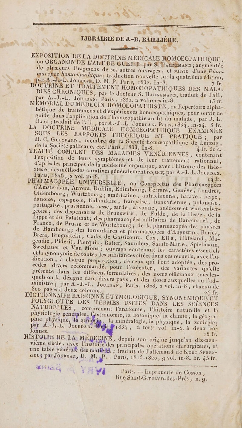 . ee D?” 4 LA » + à PP &gt; » n LIBRAIRIE DE J.-B, BAILLIÈRE. FAN. ar er |. —#$ +. ME @) \ EXPOSITION DE LA DOCTRINE MÉDICALE HOMOEOPATHIQUE, ou ORGANON DE L'ART DE GUERIR, pi S'HARNEMANT ; augmentée de plusieurs Fragmens de ses autres ouvrages , et suivie d'une Phar. macopée homæopaihique; traduction nouvelle sur la quatrième édition, ar. À.-J.-L. Jourpax, D. M. P. Paris, 1832. In-8. Te DOCTRINE ET TRAITEMENT HOMOEOPATHIQUES DES MALA- DIES CHRONIQUES, par le docteur S. Hanxemanx, traduit de l'ail. par À.-J.-L. Jounpan. Paris, 1832. 2 volumes in-8. 10 TT MEMORIAL DU MEDECIN HOMOEOPATHISTE , ou Répertoire alpha- bétique de traitemens et d'expériences Bomæopathiques, pour servir de guide dans l'application de l’'homœæopathie au lit du malade, par J. L. Haas ; traduit de l'all., par A.-J.-L. Jounpax. Paris, 1834, in-24. 3 fr. LA DOCTRINE MEDICALE HOMOEOPATHIQUE EXAMINÉE SOUS LES RAPPORTS THEORIQUE ET PRATIQUE ; par H. C. GueyrarD , membre de Ja Société homæopathique de Leipzig , de la Société gallicane, etc, Paris , 1833. Ins. Mir 0:C: TKAITÉ COMPLET DES MALADIES VENERIENNES, contenant l'exposition de leurs Symptômes ;et de leur traitement rationnel, d'après les principes de la médecine organique, avec l’histoire des théo- ries et des méthodes curatives généralement reçues; par A.-J.-L.Jourpan. Paris, 1826, 2 vol. in-8. # # 14 fr. PHARMACOPÉE UNIVERSELLE » Où Conspectus des Pharmacopées d'Amsterdam, Anvers, Dublin, Edimbourg, Ferrare, Genève, Londres, Oldembourg, Wurtzbourg ; américaine » autrichienne , batave , belge, danoise, espagnole, finlandaise, française, hanovrienne , polonaise, portugaise , prussienne, russe ; Sarde , saxonne , suédoise et wurtember= geoise; des dispensaires de Brunswick, de Fulde, de la Hesse, de la Lippe et du Palatinat; des pharmacopées militaires de Danemarck , de France, de Prusse et de Wurtzhourg ; de la pharmacopée des pauvres de Hambourg; des formulaires et pharmacopées d'Augustin , Bories, Brera, Brugnatelli, Cadet de Gassicourt, Cox, Ellis, Hufeland , Ma- gendie , Piderit, Pierquin, Ratier, Saunuders, Sainte-Marie , Spielmann, Swediauer et Van Mons ; ouvrage contenant les caractères essentiels etla synonymie de toutes les substances citées dans ces recueils, avec l'in- dication , à chaque Préparation , de ceux qui l'ont adoptée , des pro- cédés divers recommandés pour l'exécuter, des variantes qu'elle présente dans les différens formulaires ; des noms officinaux sous les- quels on la désigne dans divers pays , et des doses auxquelles on l’ad- ministre ; par A.-J.-L. Jourpan, Paris, 1828, 2 vol. in-8 , Chacun de 800 pages à deux colonnes, : 24 fr. DICTIONNAIRE RAISONNÉ ETYMOLOGIQUE, SYNONYMIQUE ET POLYGLOTTE DES TERMES USITES DANS LES SCIENCES NATURELLES , comprenant l'anatomie, l’histoire naturelle et la physiologie 1e big Ja botanique, la chimie , la géogra- 01 &gt; «+ 4 284 phie physique, la géoldvie, la minéralogie, la physique, la zoologie ; par À.-J.-L. Jourpan. Mafis P1534 , 2 forts vol. in-5. à deux co- lonnes. né 18 fr. HISTOIRE DE LA. MEDECINE , depuis son origine jusqu’au dix-neu- vième siècle, avec l'histoire des principales opérations chirurgicales, et une table générale des matiédés ; traduit de l'allemand de Kurr SPHEN- GEL; par Journan, D, A + Paris, 1815-1820, 9 vol..in-8, br, 45 fr, DT an Ce \ F # wi Paris, — Imprimerie de Cosson ; Rue Saint-Gerimain.-des-Prés, n, Q.