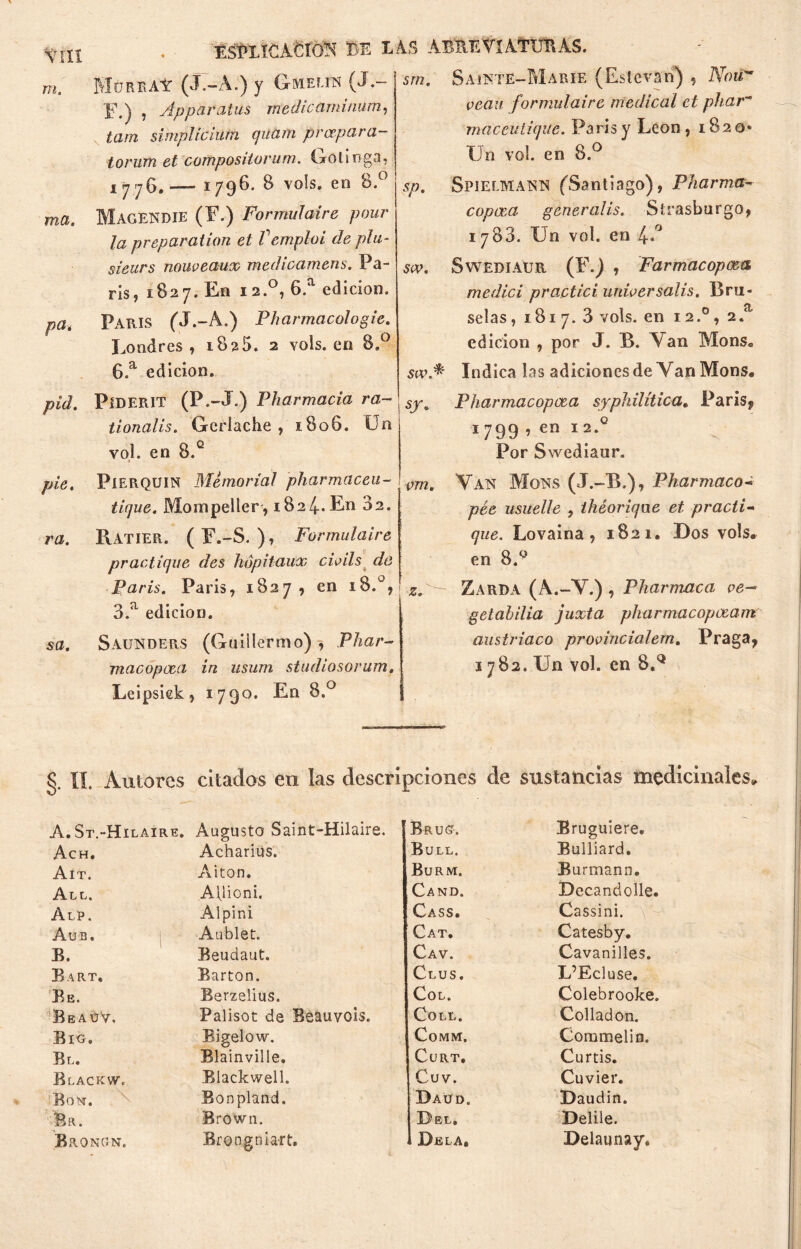 ESPLTCÀCION BE LAS ABREVí ATUE ÁS. m. mCL. pa pie ra. srn. sp. sw. MüRRAf (J.-A.) y GmEUN v L.) , Ap par atas medie ami num, tam simplicium quam prcepara- torutn et compositorum. Gotinga, x^G. -- 17 9 ^ * 8 v o! s, en 8. Magendie (F.) For muí aire pour la preparation et femploi de plu- sieurs nouveauoo medícameos. Pa- rís, 1827. En 12.0, 6.a edición. Paris (J.-A.) Pharmacologie. Londres, 1825. 2 yois. en 8,° 6.a edición. pid. Píderit (P.-J.) Pharmacia ra- tionalis. Geriache , 1806. ün vol. en 8.c PíERQUiN Memorial pharmaceu- tique. Mompeller, 1824-En 82. Ratier. (E.-S. ), Formulaire practique des hópitaux cioils de Paris. Paris, 1827, en 3.a edición. Saunders (Guillermo) , Phar- macopcea in usum studiosorum. Leipsiek, 1790. En 8.° Saínte-Marie (Estevan) , Noir vean f ormulaire medical el phar~ maceutiqite. París y León, 182 q- Un vol. en 8.° Spielmann (Santiago), Pharma- copcea generalis. Sírasburgo, 1783. Un vol. en 4*° Swediaur (F.) , Farmacopea medid practici unioer salis. Bru- selas , 1817.3 vols. en 12.0, 2.a edición , por J. B. Van Mons* swA Indica las adiciones de Van Mons. Pharmacopcea syphilítica. Paris, Sf vm. sa. 1799 » en Por S wediaur. Van Mons (J.-B.), Pharmaco- pee usuelle , théoriqne et practi~ que. Lovaina, 1821. Dos vols, en 8.° Zarra (A.-V.) , Pitar maca ve~ getahilia juxta pharmacopoeam austríaco prodncialem. Praga, 1782. Un vol. en 8.Q §. I!. Autores citadas en las descripciones de sustancias medicinales» A.St.-Hilaire. Augusto Saint-Hilaire. Bruo. Bruguiere, Ach. Acharius. Bull. Bülliard. Ait. Aitón. Burm. Eurmann, All. Aljioni. Cand. Decandolle. ÁLP. Al pin i Cass. Cassini. Aub. Aublet. Cat. Catesby. B. Beudaut. Cav. Cavanilles. Bart. Barton. Clus. L’Ecluse. Be. Berzelius. Col. Colebrooke. BeaüV, Palisot de Beauvois. Coll. Colladon. Bio. Bigelow. CoMM. Commelin. Bl. Blainville. CüRT, Curtís. Blackw. Blackwell. Cuv. Cuvier. Boint. Bonpland. Daüd. Daudin. Br. Brown. Del. Delile. Bronon. Brongnia-rt. Déla, Delaunay,