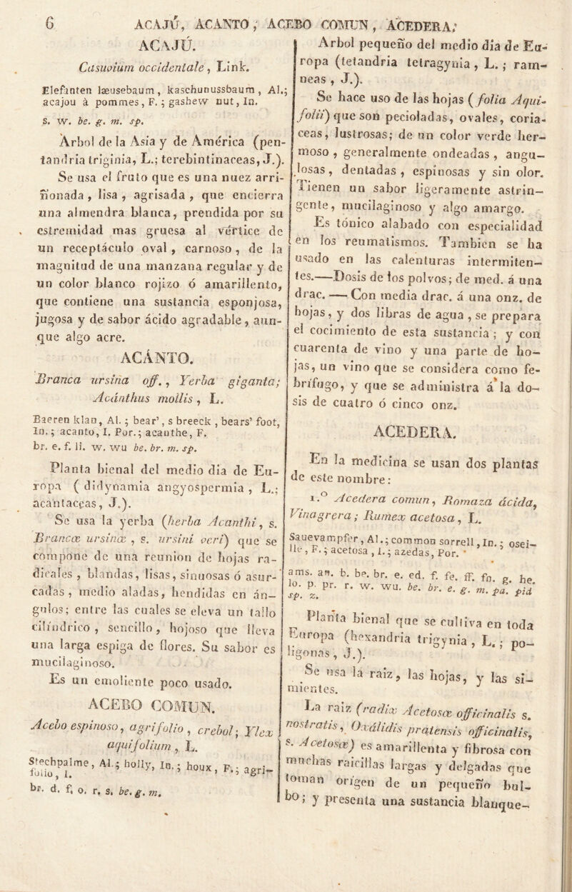 n\ ACAJU. CdsLwium ocx¿dental’e, Unir. Eleñmten laeusebaum, kaschunussbaum , AI.; acajou à pommes, F. ; gashew nut,In. s. w. be. g. m. sp. Arbol de la Asia y de America (pen- tandria íriginia, L.; terebiníinaceas, J.). Se usa el fruto que es una nuez arri- ñonada , lisa , agrisada , que encierra una almendra blanca, prendida por su csiremidad mas gruesa al vértice de un receptáculo oval , carnoso , de la 1 magnitud de una manzana regular y de un color blanco rojizo ó amarillento, que contiene una sustancia esponjosa, jugosa y de sabor ácido agradable, aun- que algo acre. Branca ursina off., Yerba giganta; Acánthus mollis , L. Baeren klaa, Al.; bear1, s breeek , bears’ foot, In.; acanto, I. Por.; acauthe, F. br. e. f. li. w. wu be. br. m. sp. Planta bienal del medio dia de Eu- ropa ( didyoamia angyospermia , L.; acan laceas, J„). Se usa la yerba (hería Acanthi, s. Brancas ursinas , s. ursini veri) que se compone de una reunión de hojas ra- dicales , blandas, lisas, sinuosas ó asur- cadas , medio aladas, hendidas en án- gulos; entre las cuales se eleva un tallo cilindrico, sencillo, hojoso que lleva una larga espiga de flores. Su sabor es mucilaglnoso. Es un emoliente poco usado. Acebo espinoso, agrifolio, crebol; Ylex . aqiiijolium , L. S^chpalme, Al.; bolly, houx, F,. agr¡. br. d. f, o. r, s, be. g. m. Arbol pequeño del medio dia de Eu- ropa (tetandria teiragynia , L. ; rarn- neas , J.). Se hace uso de las hojas ( folia Aquí- folii) que son pecioladas, ovales, coriá- ceas, lustrosas; de un color verde her- moso , generalmente ondeadas , angu- losas , dentadas, espinosas y sin olor, llenen un sabor ligeramente astrin- gente, mucilaglnoso y algo amargo. Es tónico alabado con especialidad en los reumatismos. También se ha usado en las calenturas intermiten— tes.—Dosis de los polvos; de med. á una drac. — Con media drac. á una onz. de hojas, y dos libras de agua , se prepara el cocimiento de esta sustancia ; y con cuarenta de vino y una parte de ho- jas, un vino que se considera corno fe- bnfugo, y que se administra á la do- sis de cuatro ó cinco onz. ACEDERA. En la medicina se usan dos plantas de este nombre : i.° Acedera común, Romaza ácida, Vinagrera; Rurñex acetosa , L. Sauevampfer, AI.;coramos sorrell,ln.; osei- He , F.; acetosa , í.; azedas, Por. * ams. an. b. be. br. e. ed. f. fe. ff. fn. e be sp. Pz. Pr' F‘ W* WU- be' hT* * i* «• fii* Pbnía bienal que se culi iva en toda Europa (hexandria trigynia , L., po- lígonas, J.). .Se usa la raíz, las hojas, y las si- mientes. J Ea raíz (radias Acetosa officinalis s. üi»s , Oxáhdis pratensis officinalis, s. Acetosas) es amarillenta y fibrosa con muchas raicillas largas y delgadas que íotnan origen de un pequeño bul- k°; y presenta una sustancia blanque-