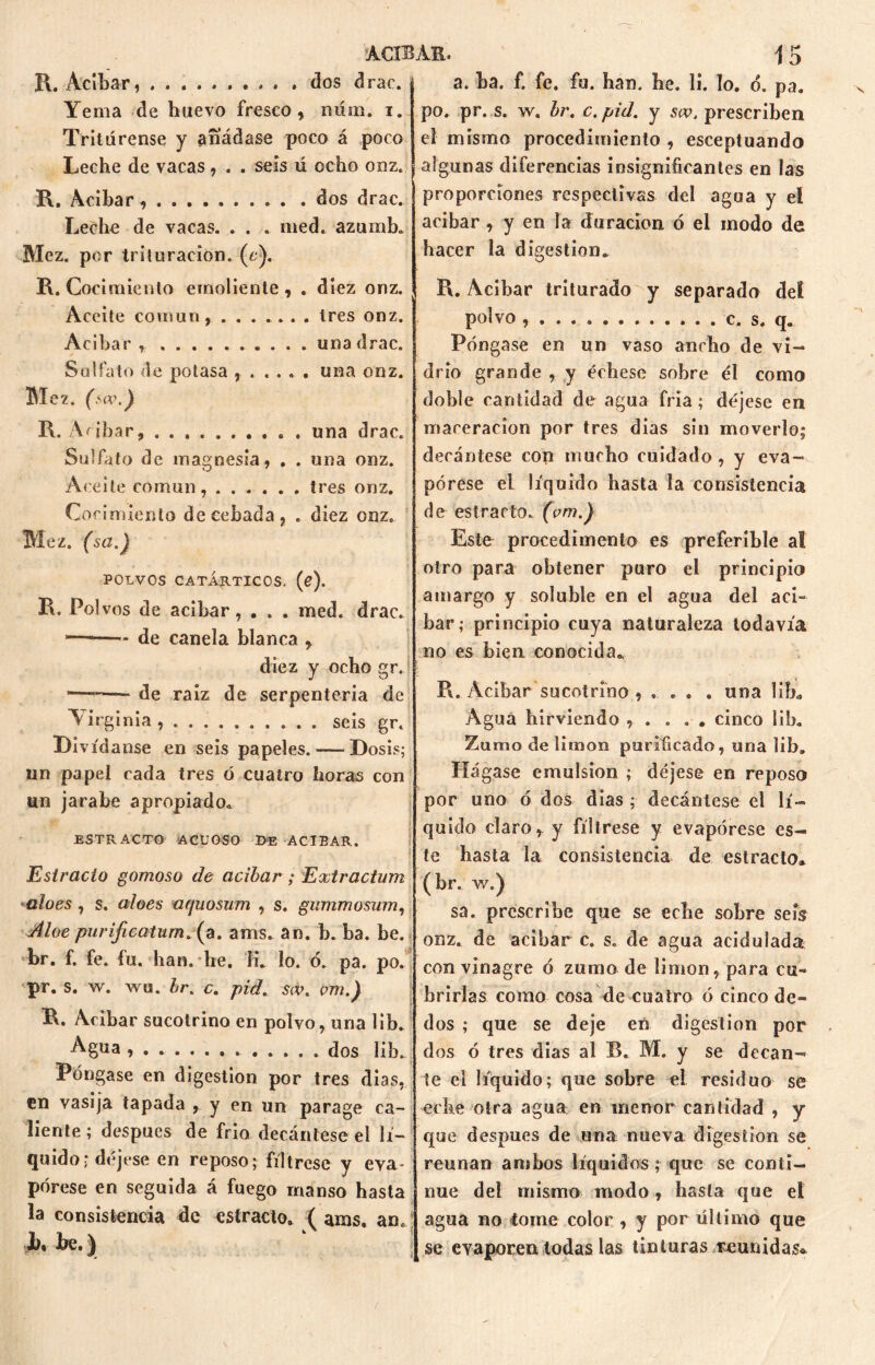 R. Acíbar, dos drac. Yema de huevo fresco, núm. i. Tritúrense y añádase poco á poco Leche de vacas, . . seis ú ocho onz. R. Acíbar . .dos drac. Leche de vacas. . . . med. azumb. Mez. por trituración, (c). R. Cocimiento emoliente, . diez onz. Aceite común, ....... tres onz. Acíbar una drac. Sulfato de potasa una onz. Mez. (sa>.) R. Acíbar, una drac. Sulfato de magnesia, . . una onz. Aceite común, tres onz. Cocimiento de cebada, . diez onz. Mez. (sa.) POLVOS CATÁRTICOS, (c). R. Polvos de acíbar, . . . med. drac. 1—*—- de canela blanca , diez y ocho gr. de raíz de serpenteria de 'Virginia , seis gr. Div ídanse en seis papeles. — Dosis; un papel cada tres ó cuatro horas con un jarabe apropiado. E5TRACTO ACUOSO D«E ACIBAR. Estrado gomoso de adbar; Extradum -aloes, s. aloes aquosum , s. gummosum, Aloe purificatum.^a. ams. an. b. ba. be. br. f. fe. íu. han. he. li. lo. ó. pa. po. pr. s. w. wu. br. c. pid. sw. pm.j R. Acíbar sucotrino en polvo, una lib. Ag«a dos lib. Póngase en digestión por tres dias, en vasija tapada , y en un parage ca- liente ; después de frió decántese el lí- quido; déjese en reposo; fíltrese y eva pórese en seguida á fuego manso hasta la consistencia de cslracto. ( ams, an. b, be.) a. La. f. fe. fu. han. he. li. lo. o. pa. po. pr. s. w. br. c. pid. y sw. prescriben el mismo procedimiento , esceptuando algunas diferencias insignificantes en las proporciones respectivas del agua y el acíbar , y en la duración ó el modo de hacer la digestión* R. Acíbar triturado y separado del polvo c. s. q. Póngase en un vaso ancho de vi- drio grande , y échese sobre él como doble cantidad de agua fría; déjese en mareraeion por tres dias sin moverlo; decántese con mucho cuidado, y eva- pórese el líquido hasta la consistencia de estrarto. (vm.) Este procedimento es preferible al otro para obtener puro el principio amargo y soluble en el agua del ací- bar; principio cuya naturaleza todavía no es bien conocida. R. Acíbar sucotrino , .... una lib* Agua hirviendo , . . . . cinco lib. Zumo de limón purificado, una lib. Hágase emulsión ; déjese en reposo por uno ó dos dias ; decántese el lí- quido claro, y fíltrese y evapórese es- te hasta la consistencia de estrado* (br. w.) sa. prescribe que se eche sobre seis onz. de acíbar c. s. de agua acidulada con vinagre ó zumo de limón, para cu- brirlas como cosa de cuatro ó cinco de- dos ; que se deje en digestión por dos ó tres dias al B. M. y se decan- te el líquido; que sobre ^1 residuo se eche otra agua en menor cantidad , y que después de una nueva digestión se reúnan ambos líquidos; que se conti- nué del mismo modo, hasta que el agua no lome color, y por último que se evaporen todas las tinturas /reunidas*