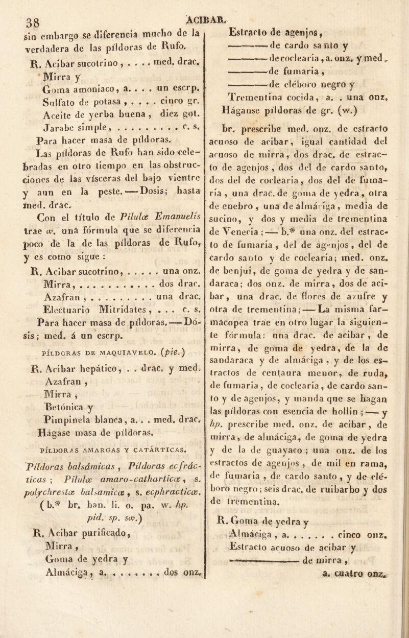 ~\ sin embargo se diferencia mucho de la verdadera de las píldoras de l\ufo. R. Acíbar sucotrino med. drac. Mirra y Goma amoníaco, a. . . . un escrp. Sulfato de potasa , cinco gr. Aceite de yerba buena , diez gol. Jarabe simple, ......... c. s. Para hacer masa de píldoras. Las píldoras de Rufo han sido cele- bradas en otro tiempo en las obstruc- ciones de las visceras del bajo vientre y aun en la peste,—Dosis; hasta med. drac. Con el título de PHulee Émanuelis trae w. una fórmula que se diferencia poco de la de las píldoras de Rufo, y es como sigue : R. Acíbar sucotrino, . . . . * una onz. Mirra, ........... dos drac. Azafrán .......... una drac. Electuario Mitridates , . . . c. s. Para hacer masa de píldoras. — Do- sis ; med. á un escrp. PÍLDORAS DE MAQUIAVELO. (pie.) R. Acíbar hepático, . . drac. y med. Azafrán , Mirra , Betónica y Pimpinela blanca, a.. . med. drac. Hágase masa de píldoras. PÍLDORAS AMARGAS Y CATARTICAS. Píldoras balsámicas , Píldoras ecfrác- licas ; Pilulce amaro-catharticce, s. polychrestce balsamicen , s. ecphracticas. ( b.* br* han. li. o. pa. w. hp. píd. Sp. 5(V.) R. Acíbar purificado, Mirra , Goma de yedra y Almáciga, a , dos onz. Estracto de agenjos, ———de cardo santo y —decodearía ,a, onz, y med , — —de fumaria , * -de eléboro negro y Trementina cocida, a. . una onz. Háganse píldoras de gr. (w.) br. prescribe med. onz. de estracto acuoso de acíbar, igual cantidad del acuoso de mirra, dos drac. de estrac- to de agenjos , dos de! de cardo santo, dos del de corleada, dos del de fuma- ria, una drac.de goma de yedra, otra de enebro , una de almáTga, inedia de sucino, y dos y media de trementina de Venecia ;—- b.^ una onz. del estrac- to de fumaría , del de agenjos, del de cardo santo y de codearía; med. onz, de benjuí, de goma de yedra y de san- dáraca; dos onz. de mirra, dos de ací- bar, una drac. de flores de a/ufre y otra de trementina; — La misma far- macopea trae en otro lugar la siguien- te fórmula: una drac, de acíbar, de mirra, de goma de yedra, de la de sandaraca y de almáciga , y de los es- tractos de centaura menor, de ruda, de fumaria, de codearía, de cardo san- to y de agenjos, y manda que se hagan las píldoras con esencia de hollín ;—y hp, prescribe med. onz. de acíbar, de mirra, de almáciga, de goma de yedra y de la de guayaco ; una onz. de los estraefos de agenjos , de mil en rama, de fumaria , de cardo santo, y de elé- boro negro; seis drac. de ruibarbo y dos de trementina. R. Goma de yedra y Almáciga, a cinco onz, Estracto acuoso de acíbar y ■ —— de mirra , a. cuatro onz.