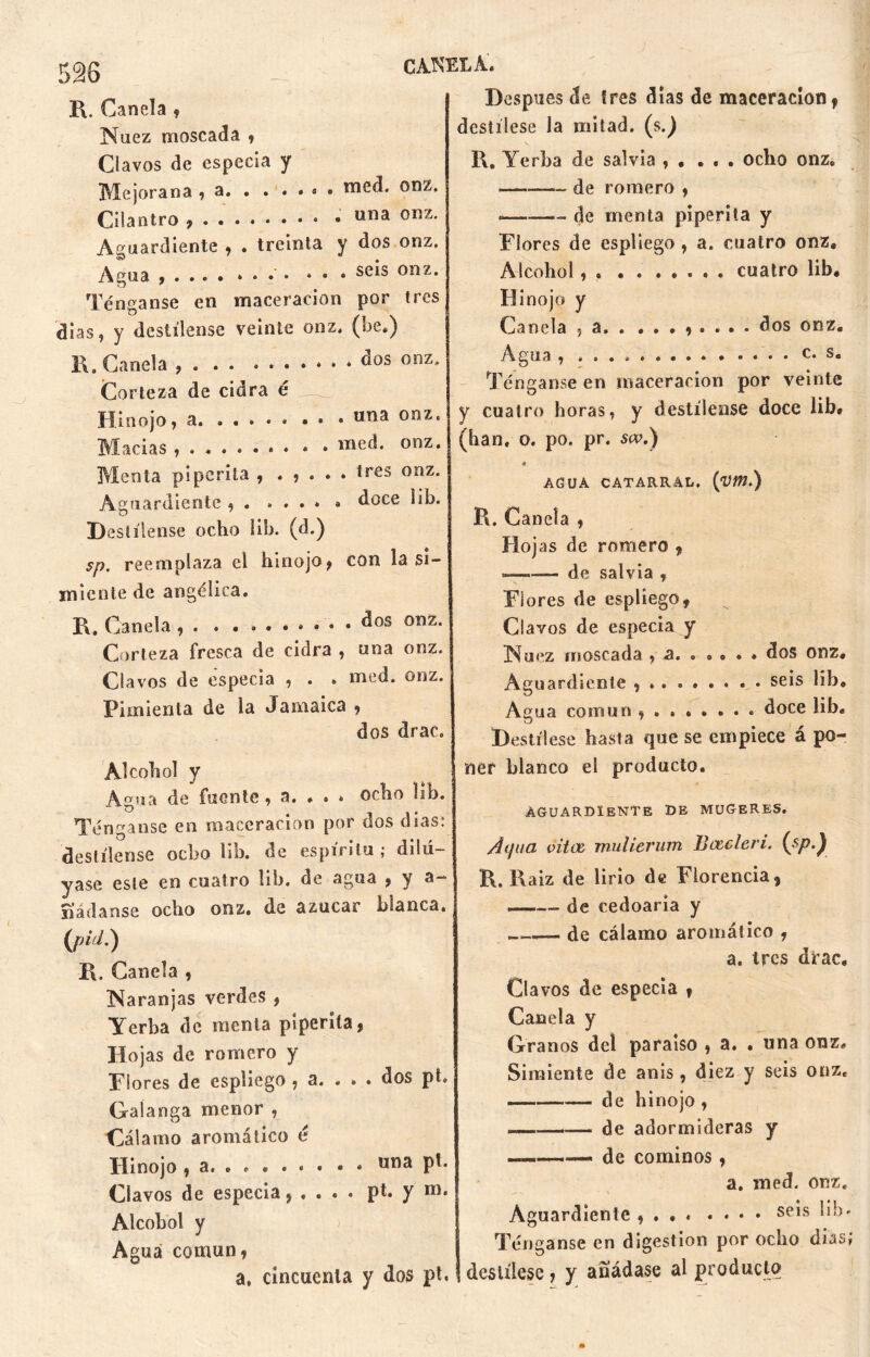 R. Canela , Nuez moscada , Clavos de especia y Mejorana , a • nied. onz. Cilantro , UIia 0I]Z* Aguardiente , . treinta y dos onz. Agua • se*s onz* Ténganse en maceracion por tres dias, y destílense veinte onz. (be.) R. Canela * - Corteza de cidra é Hinojo, a • Macias , . - * Menta piperita , . , . . Aguardiente , . ...» Destílense ocho lib. (d.) sp. reemplaza el hinojo, miente de angélica. , . dos onz, . una onz. med. onz. . tres onz. # doce lib. con la si- R. Canela , dos onz. Corteza fresca de cidra , una onz. Clavos de especia , . . med. onz. Pimienta de la Jamaica , dos drac. Alcohol y Agua de fuente , a. * * * ocho lih. Ténganse en maceracion por dos dias: destílense ocho lib. de espíritu ; dilu- yase este en cuatro lib. de agua , y a- nádanse ocho onz. de azúcar blanca. (pid.) R. Canela , Naranjas verdes , Yerba de menta piperita, Hojas de romero y Plores de espliego , a. . » . dos pt» Galanga menor , Cálamo aromático é Hinojo , a. una pl. Clavos de especia, , . . . pt. y m. Alcohol y Agua común, a, cincuenta y dos pt. Después de fres dias de maceracion, destílese la mitad, (s.) R. Yerba de salvia , • . . . ocho onz. de romero , — de menta piperita y Flores de espliego , a. cuatro onz. Alcohol, . . cuatro lib. Hinojo y Canela 5 a. . dos onz. Agua , c. s. Ténganse en maceracion por veinte y cuatro horasr y destílense doce lib. (han. o. po. pr. s<v.) AGUA CATARRAL. (VfH.) R. Canela , Hoj as de romero , —— de salvia , Flores de espliego, Clavos de especia y Nuez moscada , a * dos onz. Aguardiente seis lib» Agua común ........ doce lib. Destílese hasta que se empiece á po- ner blanco el producto. AGUARDIENTE DE MUGERES. Aqua vitoe, mulierum Boeder i. i^P-) R. Raiz de lirio de Florencia, —de cedoaria y —,— de cálamo aromático , a. tres drac. Clavos de especia , Canela y Granos del paraíso , a. • una onz. Simiente de anís, diez y seis onz. —— de hinojo , -——— de adormideras y —■ de cominos , a. med. onz. Aguardiente , . • « .... seis lib- Ténganse en digestión por ocho días; destílese, y añádase al producto