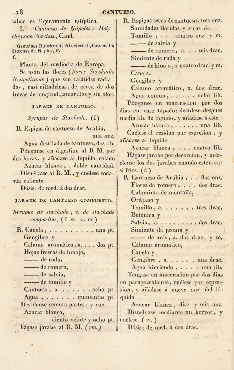 sabor es ligeramente estíptico. 3.° Cantueso de Ñápales; Hely- chrysum Stcechas, Cand. Gemeines Ruhrkraut,¿U;<eternar,Ílower,Io; Stcechas de Naples, F. f. Planta del mediodía de Europa. Se usan las flores (flores Stcechadis Neapolilance) que son calátides radia- das , casi cilindricas , de cerca de dos líneas de longitud , amarillas y sin olor. JARABE DE CANTUESO. Syrupus de Stcechade. (f.) R. Espigas de cantueso de Arabia, una onz. Agua destilada de cantueso, dos lib. Pónganse en digestión al B. M. por dos horas, y añádase al líquido colado Azúcar blanca , . doble cantidad. Disuélvase al B. M., y cuélese toda- vía caliente. Dosis; de med. á dos drac. JARABE DE CANTUESO COMPUESTO. Syf'upus de stcechade , s. de stcechade compositus. (f. w. r. 7/?.) R. Canela 9 .......... . una pt. Gcngibrc y Cálamo aromático, a. . . , dos pt. Hojas frescas de hinojo* de ruda, de romero, de salvia, —— de tomillo y Cantueso , a. . . . * . . ocho pt. Agua , quinientas pt. Destílense setenta partes ; y con Azúcar blanca, ciento veinte y ocho pt. llágase jarabe al B. M. (vm.) R. Espigas secas de cantueso,tres onz. Sumidades flor idas y secas de Tomillo , . . .. cuatro onz. y m. . de salvia y de romero , a. . . seis drac. Simiente de ruda y de hinojo, a. cuatro drac. y m. Canela, Gengibre y Cálamo aromático, a. dos drac. Agua común ,,.... ocho lib. Pónganse en maceracion por dos dias en vaso tapado; destílese después media lib. de líquido, y añádase á este Azúcar blanca ...... una lib. Cuélese el residuo por espresion , y añádase al líquido Azúcar blanca , . . . cuatro lib. Hágase jarabe por decocción, y méz- clense los dos jarabes cuando estén ca- si fríos, (f.) R. Cantueso de Arabia , . . dos onz, Flores de romero , . . . dos drac. Calaminta de montaña, Orégano y Tomillo , a. ..... . tres drac. Betónica y Salvia, a. ........ . dos drac. Simiente de peonía y * de anís , a. dos drac. y m. Cálamo aromático, Canela y Gengibre , a. . . . .. . una drac. Agua hirviendo , . . . . una lib. Téngase en maceracion por dos dias | en parage •caliente ; cuélese por espre- sion, y añádase á nueve onz. del lí- quido Azúcar blanca , diez y seis onz. Disuélvase mediante un hervor, y cuélese. ( w. ) Dosis; de med. á dos drac.