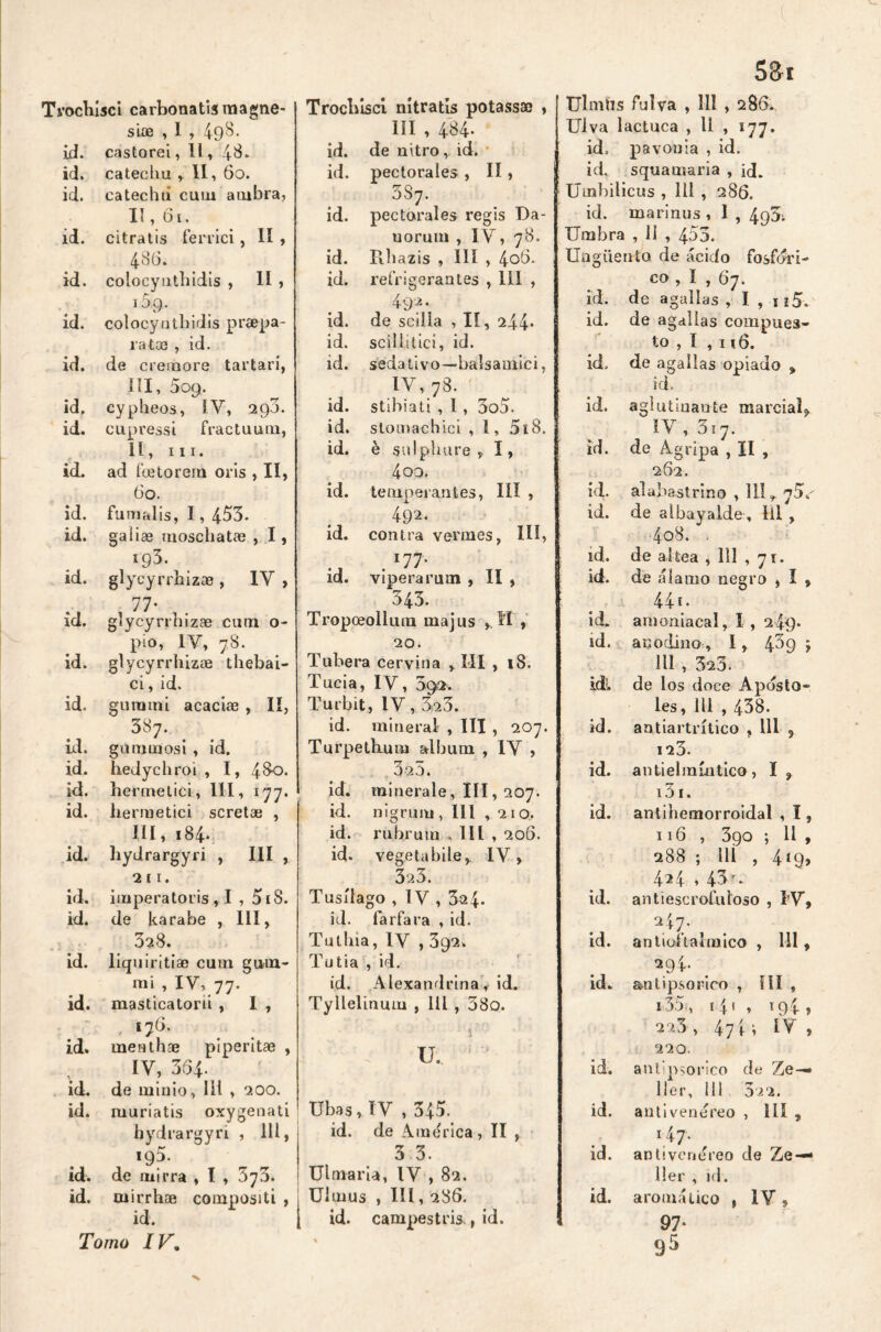 Tvoctiísci carbonata magne- S i OS , I , 49^- id. castorei, 11, 4^* id. catechu ,. 11, 6o. id. catechii cum ambra, I?, 61. id. citratis fenici, lï , 486. id. colocynthidis , II , id. colocyatbidis prepa- ra tos , id. id. de crernore tartarí, líl, 609. id, cypheos, IY, 29J. id. cupressi fractuum, il, in. id. ad foetorem oris , II, 60. id. fumalis, 1, 453. id. gaiiae moschatae , I, ig3. id. glycyrrhizos , 1Y , 77* id. glycyrrbizae cum o- pio, IV, 78. id. glycyrrhizae thebai- ci, id. id. gurami acache , II, 387. id. gümmosi, id. id. hedychroi , I, 4&o. id. hermetici, III, 177. id. hermetici scretae , III, 184.: id. hydrargyri , III , 2 11. id. iraperatoris , I , 5iS. id. de karabe , III, 3a8. id. liqu iritias cum gum- mi , IY, 77. id. masticatorii , I , 176. id. menthae píperitae , IY, 364- id. de minio, Iii , 200. id. muriatis oxygenati hydrargyri , 111, 193. id. de mirra , I , 373. id. mirrhae coinpositi , id. Tomo IV, Trocbisci nítratis potassas , líl , 484* id. de nitro, id. id. pectorales , II, 5S7. id. pectorales regis Da- uoruin , IY, 78. id. Rhazis , III , 4od. id. refrigerantes , 111 , 492* id. de scilla , Ií, 244* id. scilliticí, id. id. sedativo—balsamici. IV, 78. id. stihiati , 1 , 3o5. id. slomachici , 1, 518. id. è sulphure , I, 4 00. id. temperantes, III , 492. id. contra vermes, IIÍ, . I77· id. viperarum , II , 343. Tropoeollum majus , II , 20. Tubera cervina , III , 18. Tucia, IY, 39a. Turbit, IV, 3,23. id. mineral , III , 207. Turpethum álbum , IY , 325. id. minerale, III, 207. id. nigrura, III , 210. id. ru.hrum . 111 , 20S. id. vegetabile, IV, 323. Tusílago , IV , 3a4‘ id. larfara , id. Tutlna, IV , 392» Tutia , id. id. Alexandrina, id. Tyllelinum , III , 38o. / I i ' v * • u. ' ' Ubas, IV , 345. id. de Ara chica , II , 3 3. Ulraaria, IV , 82. Ulmus , III, 286. id. campestris., id. 58t Ulmtis fulva , 111 , 286. Ulva lactuca , 11 , 177, id. pavónia , id. id. squamaria , id. Umbilicus , 111 , 286. id. marinus , 1 , 492. Urubra , 11 , 453. Ungüento de ácido fosfóri- co , I , 67. id. de agallas , I , i í5. id. de agallas compues- to , I , 116. id, de agallas opiado > id. id. aglutinante marcial, IV, 3i7. id. de Agripa , II , 262. id. alabastrino , 111 ^ 75, id. de albayalde, lil , 4o8. . id. de altea , 111 , 71. id. de álamo negro , I s 441 • id. amoniacal, I , 249* id. anodino, 1, 4^9 j 111 , 323. idl de los doce Apostó- les, 111 , 438. id. antiartrítico , 111 ? 123. id. antiehníntico, 131. id. antihemorroidal , Ï , 116 , 3go ; 11 , 288 ; 1Ü , 419, 424 » 45. id. antiescrofuloso , I’Y, 247. id. antiüítalmico , 111, 294. id. antipsoriro , III , i3A, 141 , 194, 223, 471 i IV , 220. id. ant’psorlco de Ze— 11er, 111 32 2. id. antivenereo , lü , 147. id. antivenereo de Ze—* ller , id. id. aromático , IV , 97- 95