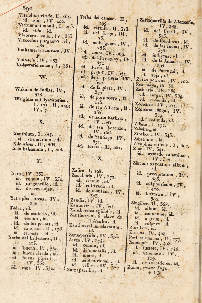 Vi triol mn viríde, II, 464 id. zinci, IV, 4.00. Vitruin antimonii , 1, 2q5. id, stibií , id. Vi vorera coaiu'u, IV ,353. Vizcoehos purgantes , II , 532. Voikameria asaíéata , IV , VulvarmflV, 353. Vulnerario suizo , I f Yerl)a del cáncer, II w: ¿v- Wakaka de Ind^s, IV , 338,, - ■ Wrightia antidysenteriea , I , 171 ; II, 149J IV > 7. X. - - •• < / .* , :  • . r XantBium, 1, 424. id. strwmariuin, id, Xilo aloes ,111, 365. Xiio balsamum , I , 258. ff «**•“»*“ . II, 3r3. td. dei fuego , III ¿ 2 3. id, ombriguera , IV , 255. ■ gt 'nor;.,lV, 36¿. / rcu . del-Paraguay j IV .' ^70* id* Paris, id. jd. pssíel', IV , .5J«. lía ría’ í r [< Zar&aparníla de Alemania* > t IV, 388. id. del Brasil, IV, 375. . id. de Honduras , id. id. de las Indias ,1V , \ 376 '■ id, indígena. Id. ' id. de Ja Jamaica , IV, -3,95. . : V * id. de Portugal, ¡d. Jd. roja , id id. déla perlesía^'IV 7 r°ja ’ id 3^/ * V > J312* perruna , IV, ico. ^;de|^taViv, id. de pordiosero , II, 'a- ^ Al,,ert0 -« . [ Zedoaria, longa’.Jy, idv de santa Barbara * 1CL de san Wenzo, ., v IV, 166*. id, dejSantiago, IV 071. id* torera , 111, 361. Y,. Varo , IV 353. id. Común , IV,.«o id. .dragoncillo , id. id. de tres hojas y id, Yatropha curcas , IV 356. Yedra , id. id. de cauterio , id. id. común , id. , id, de los poetas * id. id. campana , II,, 176. id. terrestre , jd. 1 Yerba del ballestero , II , .>y -2o5. id. buéna , IV , $5g, id. Buena rizada , id. - id. buena piperita , a .t IV, 36o. cana , IV , 372. Zo Zafiro, I, igg. > Zanahoria , IV , 3.72. idr común , id. id. cultivada , id. id, de montaña , IV\ 37 3. Zandía, IV, id. Zantorrize , IV , 374. Zanth arriza apiifolia, id. Zanihosyio , ç> clave de He'rcules, id. ZantboxyJluai clavatum id. Zarsaparrilia , IV , 3ySv Zarza , IV , 374. id. común , id. id. de,'montaña , id. id. ihóra., id. « id. septentrional , id. id. vellosa , IV, *7S.' Zarzaparrilla , id. I id. ¡rotunda, id. , Zjbeta , I, 172. Ziliebae * id. Zibebco , IV f 345, Zibethum ; id. Zicyphus sativas , I , 3Q2- Zinc, IV, 3*. 9 id. oxidado calaminar . 7: - ■ 1V » 5r2. ' Zmcum oxydatum álbum , id. id. precipitatum , IV, id. sulpluirieutn , IVy • 4co. id. terrestre , IV * 392. Zingiber, II , 563. id. álbum, id. id., commune id* : - id. nigrum , id. id. vulgare , id. Zumben, id. Zircona, IV, 408. Póstera marina 4 II , 177. Zumaque , IV , 4o8., id. fustete, IV , *43. id. Tenenoso , IV, . ' 409» id. de zurradores, id. Zumo, véase Jugo» - F 1%. r U, \ . • ?