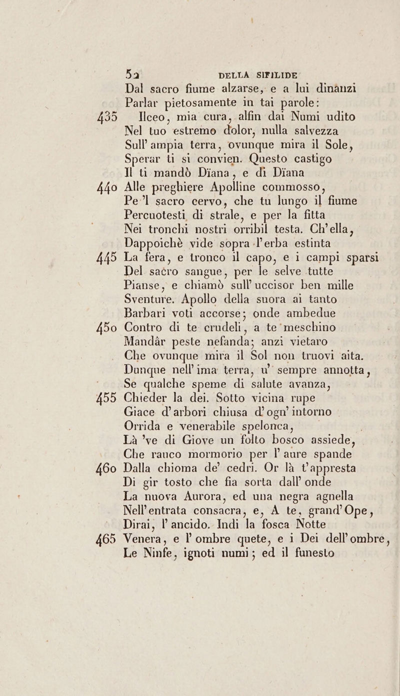 Dal sacro fiume alzarse, e a lui dinanzi Parlar pietosamente in tai parole: 435 Ilceo, mia cura, alfin dai Numi udito Nel tuo estremo dolor, nulla salvezza Sull’ampia terra, ovunque mira il Sole, Sperar ti st convien. Questo castigo Il ti mandò Diana, e di Diana 440 Alle preghiere Apolline commosso, Pel sacro cervo, che tu lungo il fiume Percuotesti di strale, e per la fitta Nei tronchi nostri orribil testa. Ch'ella, Dappoichè vide sopra -l’erba estinta 445 La fera, e tronco il capo, e i campi sparsi Del satro sangue, per le selve tutte Pianse, e chiamò sull’uccisor ben mille Sventure. Apollo della suora ai tanto Barbari voti accorse; onde ambedue 450 Contro di te crudeli, a te’ meschino Mandàr peste nefanda; anzi vietaro Che ovunque mira il Sol non truovi ‘aita. Dunque nell’'ima terra, u' sempre annotta, Se qualche speme di salute avanza, 455 Chieder la dei. Sotto vicina rupe Giace d’arbori chiusa d’ogn’ intorno Orrida e venerabile spelonca, Là ’ve di Giove un folto bosco assiede, Che rauco mormorio per laure spande 460 Dalla chioma de’ cedri. Or là t’appresta Di gir tosto che fia sorta dall’ onde La nuova Aurora, ed una negra agnella Nell’entrata consacra, e, A te, grand’Ope, Dirai, l ancido. Indi la fosca Notte 465 Venera, e l’ombre quete, e i Dei dell’ombre, Le Ninfe, ignoti numi; ed il funesto